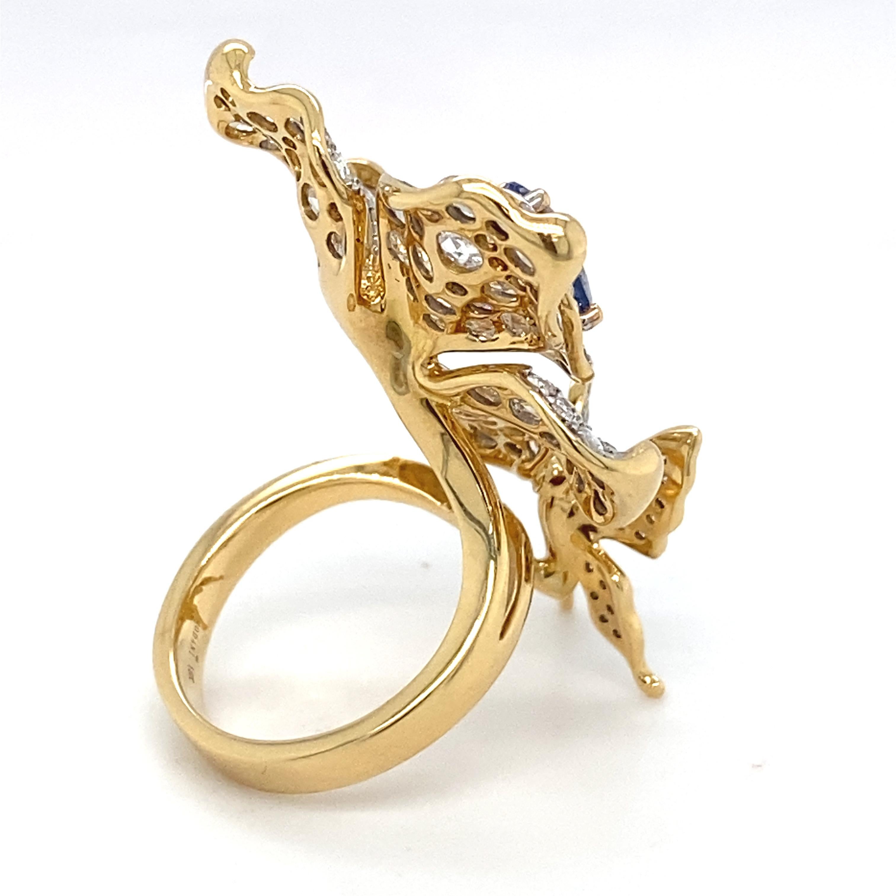 2.49 Carat Sapphire & Diamond Yellow Gold Flower Statement Ring For Sale 2