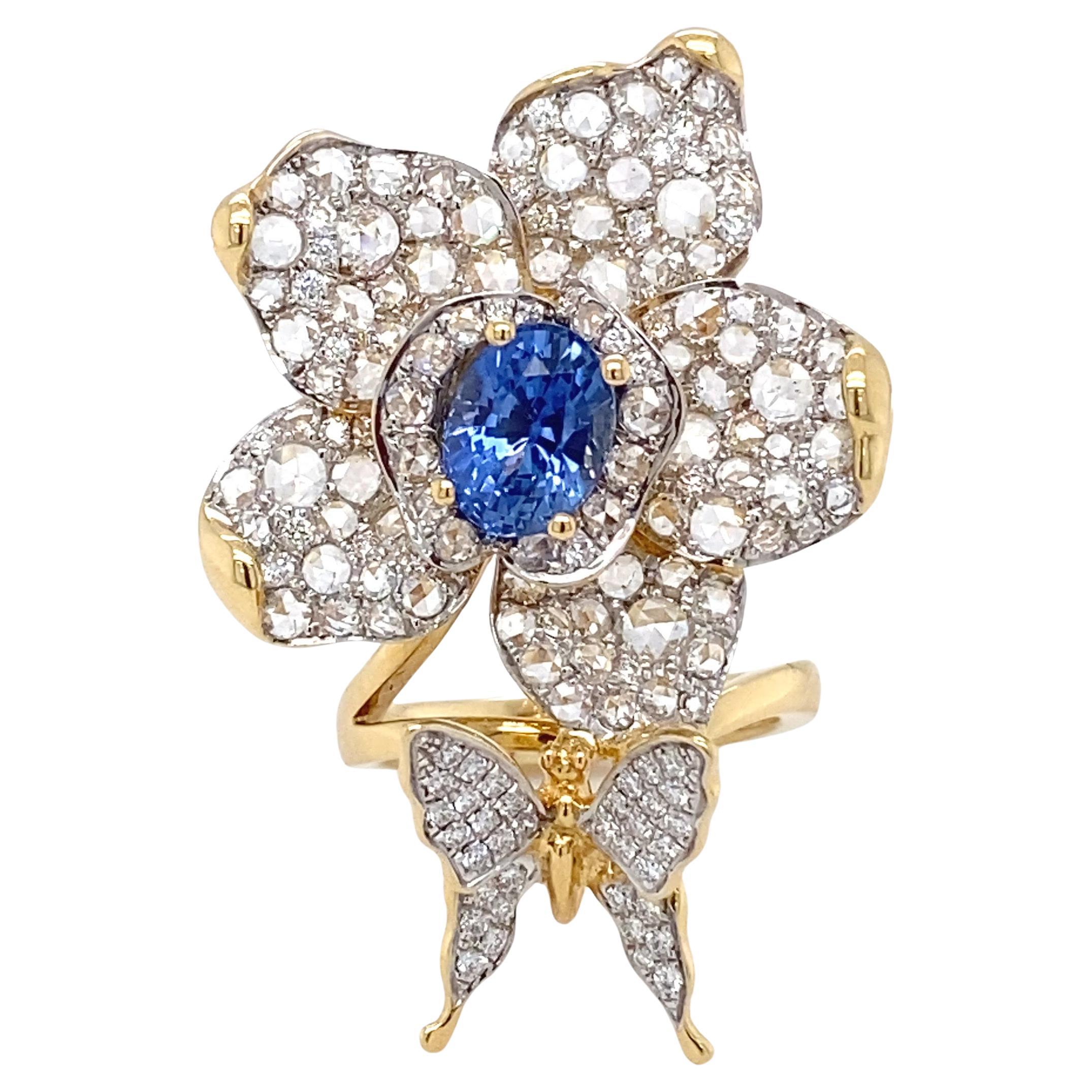 2.49 Carat Sapphire & Diamond Yellow Gold Flower Statement Ring For Sale