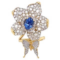 2.49 Carat Sapphire & Diamond Yellow Gold Flower Statement Ring (bague en or jaune avec fleur)