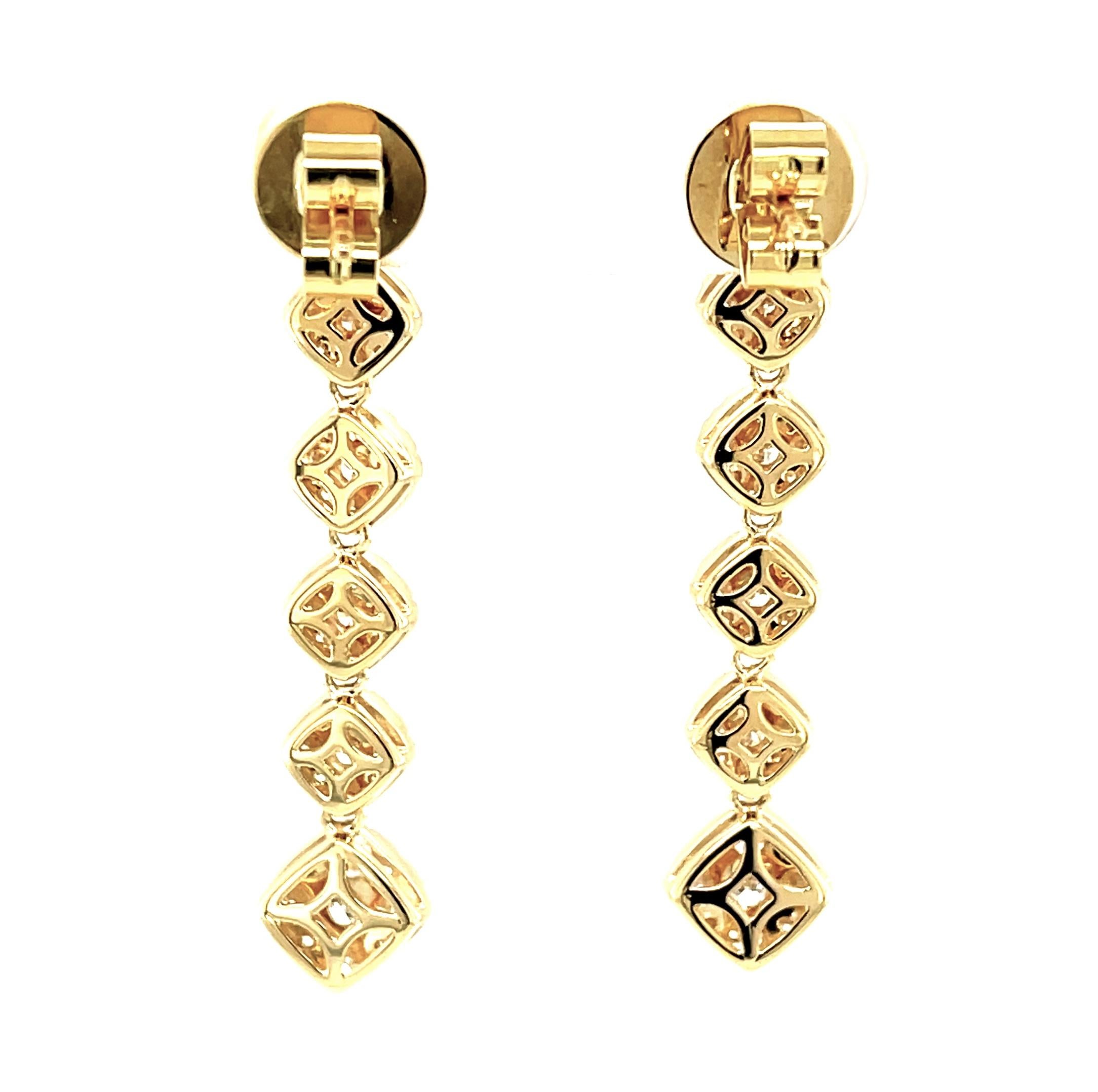 Artisan 2.49 Carat Total Diamond Pave and Yellow Gold Dangle Earrings For Sale
