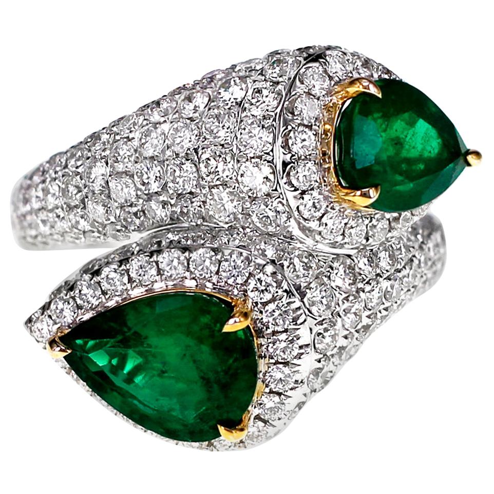 2.49 Carat Vivid Green Emerald and 2.18 Carat Diamond Twin Cocktail Party Ring For Sale