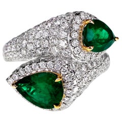 2.49 Carat Vivid Green Emerald and 2.18 Carat Diamond Twin Cocktail Party Ring