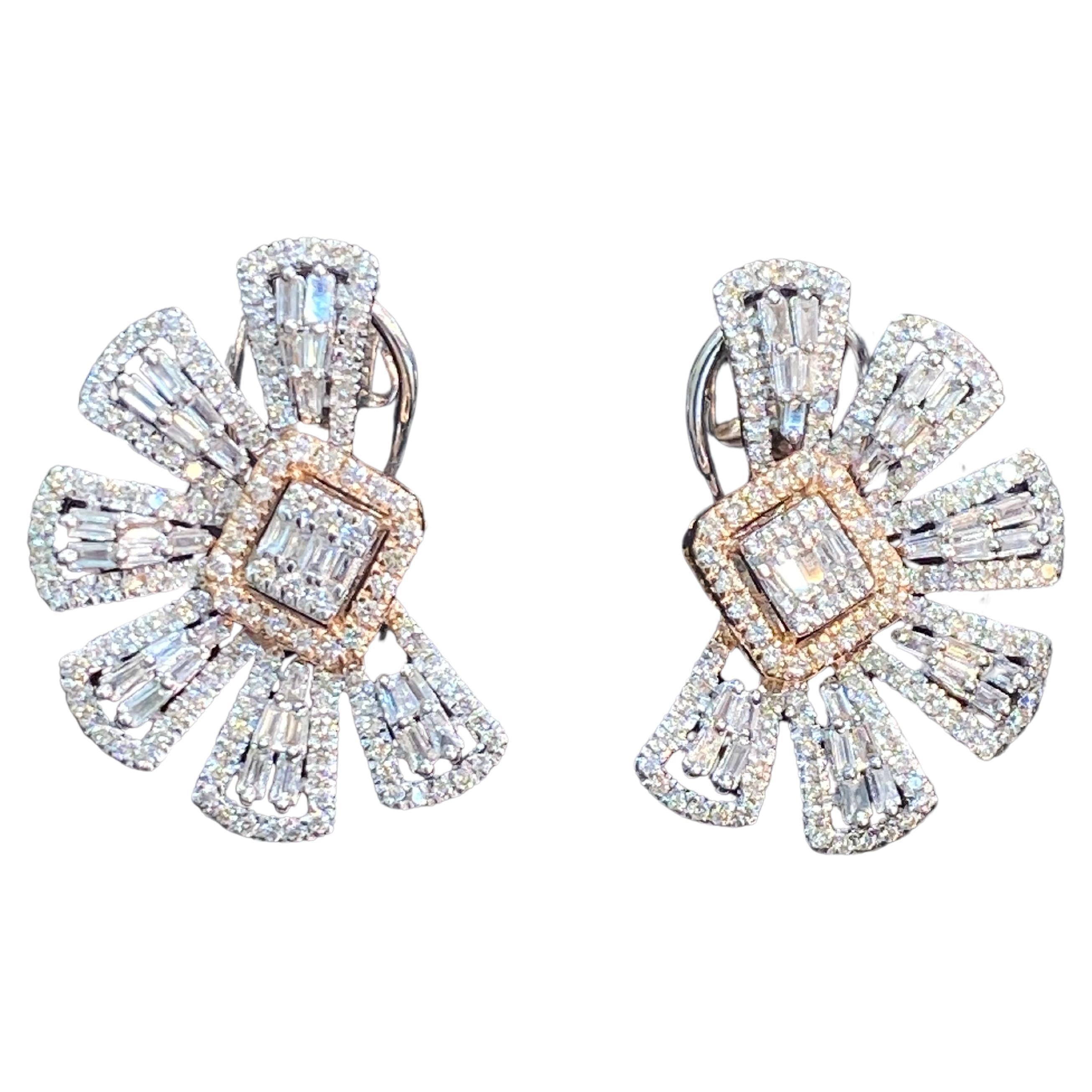 2.49 Carats F/VS1 Round Baguette Shape Diamonds Half Moon Stud Earrings 14K Gold
