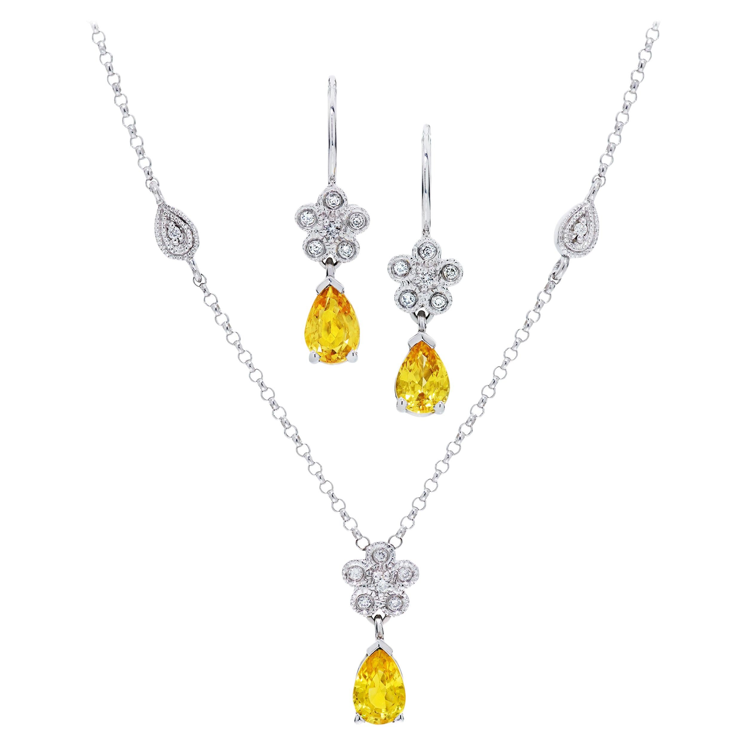2.49 Carats Pear-Shaped Yellow Sapphire & Diamond Necklace & Earrings in 14k WG For Sale