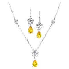 2.49 Carats Pear-Shaped Yellow Sapphire & Diamond Necklace & Earrings in 14k WG