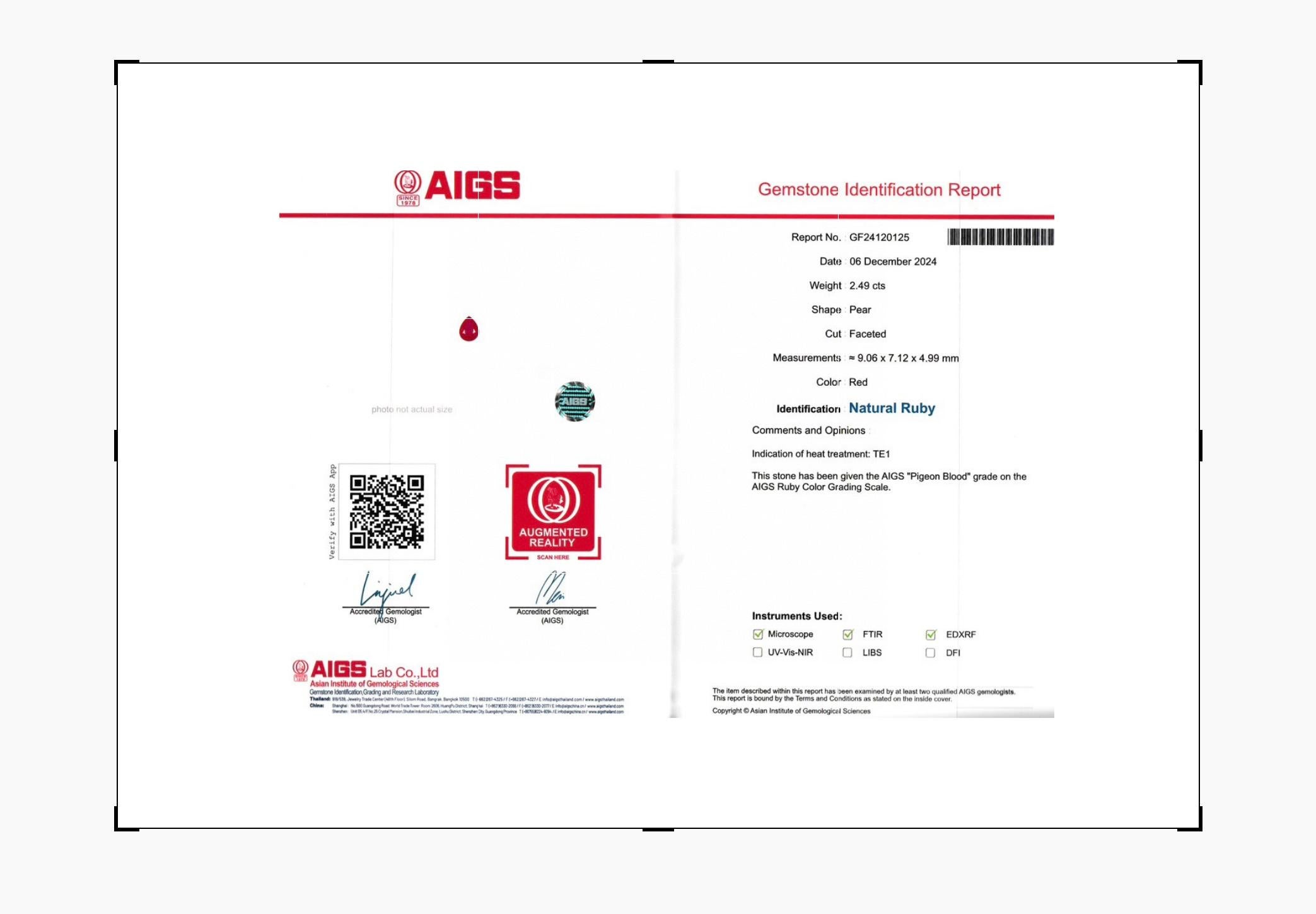 2,49 Ct Certificato AIGS Rubino non riscaldato Colore sangue di piccione chiarezza occhi pulita in vendita 1