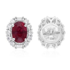 2.49 Ct. Oval Ruby Earrings 0.53 Ct. SI/H Baguette Round Diamond 14k White Gold