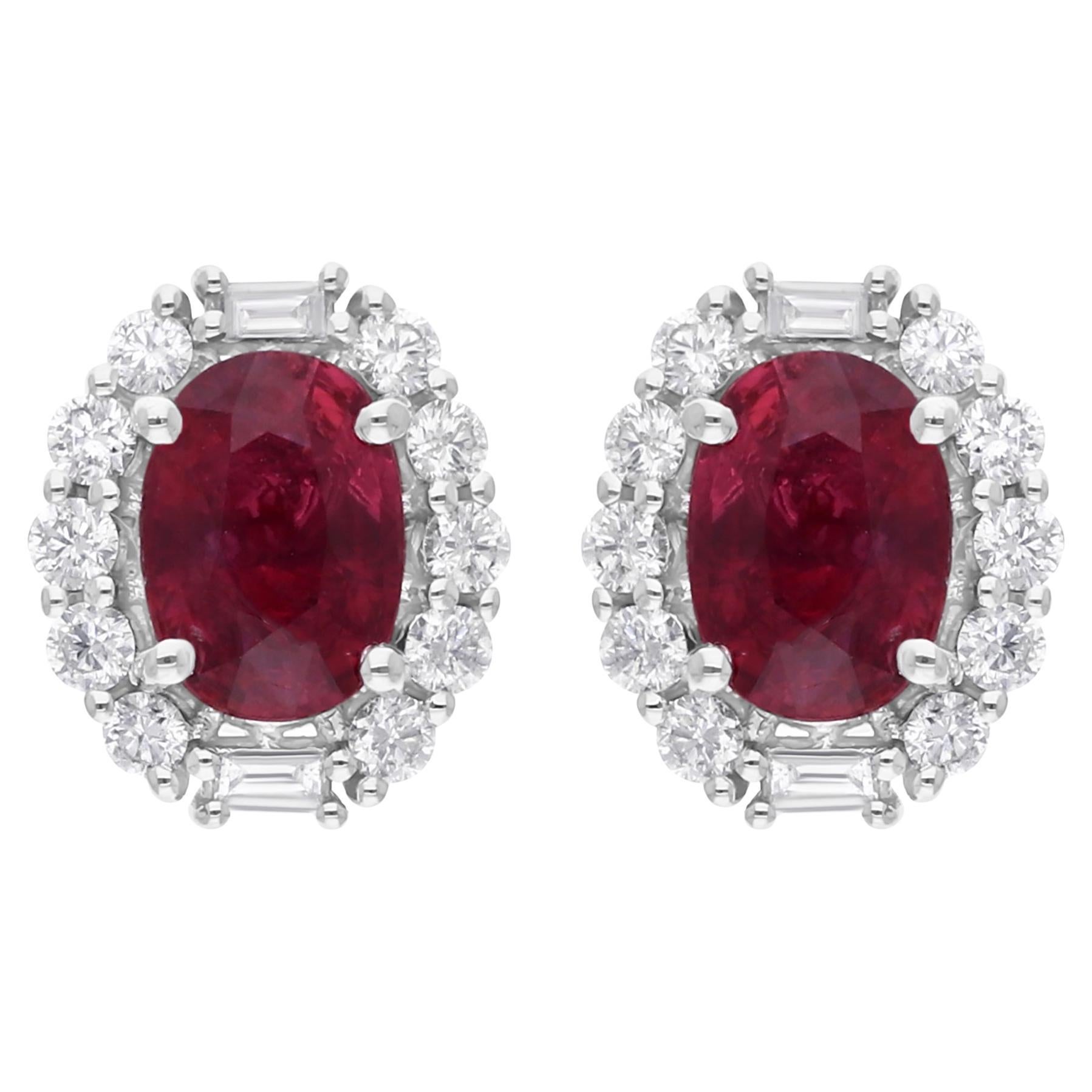 2,49 Ct. Pendientes de rubí ovalado 0,53 qt. SI/H Baguette Diamante Redondo Oro Blanco 14k