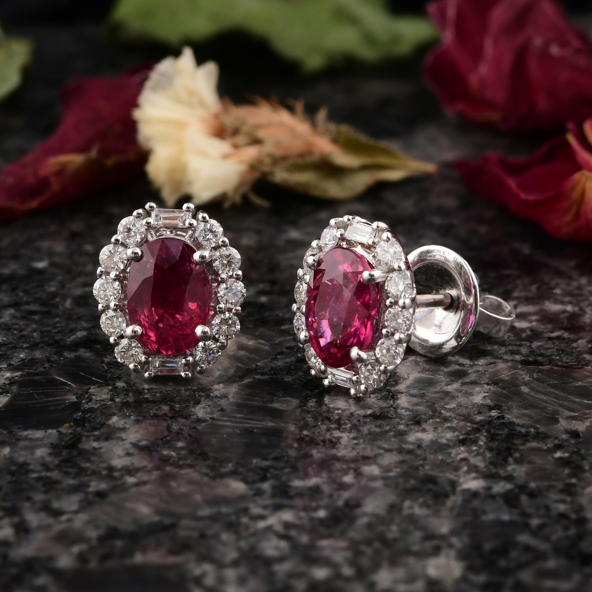 Modern 2.49 Ct. Oval Ruby Earrings 0.53 Ct. SI/H Baguette Round Diamond 18k White Gold For Sale