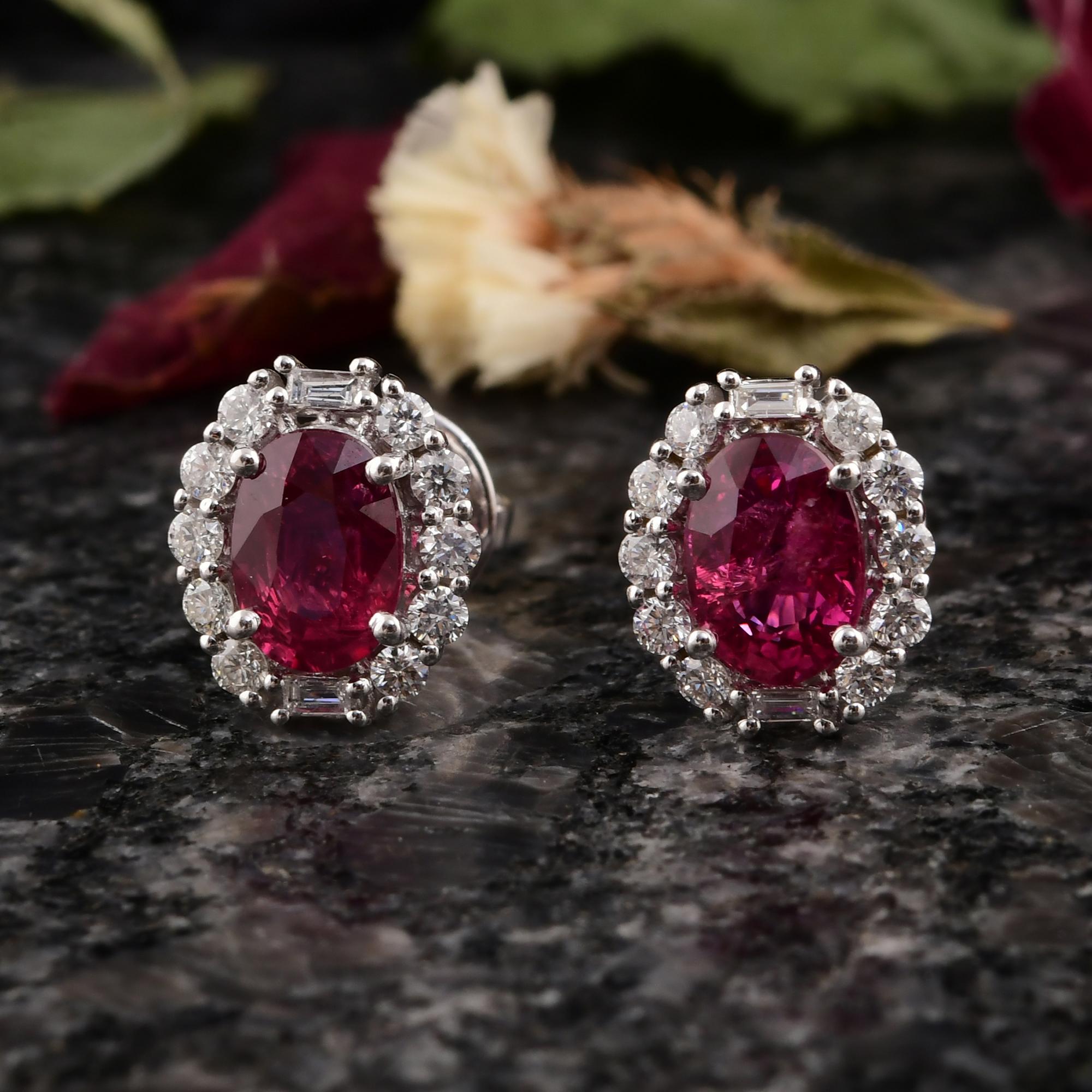 Oval Cut 2.49 Ct. Oval Ruby Earrings 0.53 Ct. SI/H Baguette Round Diamond 18k White Gold For Sale