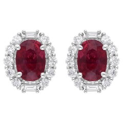 2,49 ct. Ovale Rubin-Ohrringe 0,53 Karat. SI/H Baguette Rund Diamant 18k Weißgold