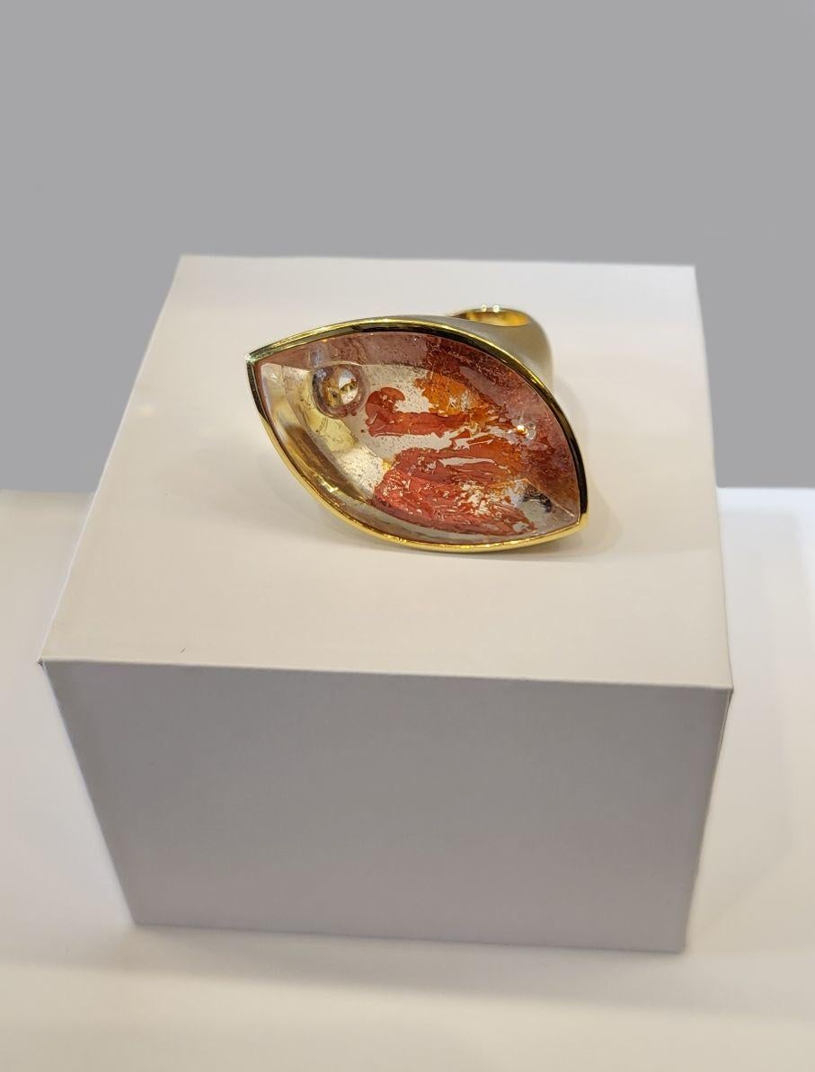 Cabochon 24.95 Carat Rock Crystal with Iron Inclusions Gold Ring Atelier Munsteiner For Sale