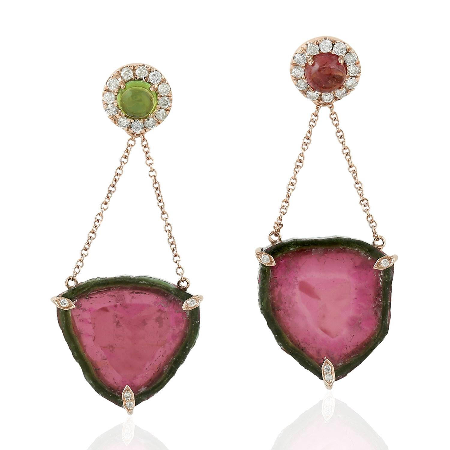 24.95 ct Watermelon Tourmaline Dangle Earrings With Diamonds & Round Tourmaline In New Condition For Sale In New York, NY