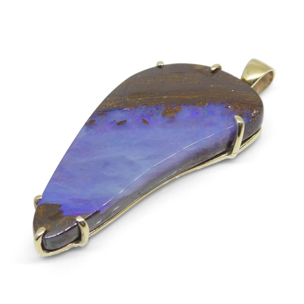 Pear Cut 24.95ct Purple-Blue Freeform Boulder Opal Pendant set in 10k Yellow Gold For Sale