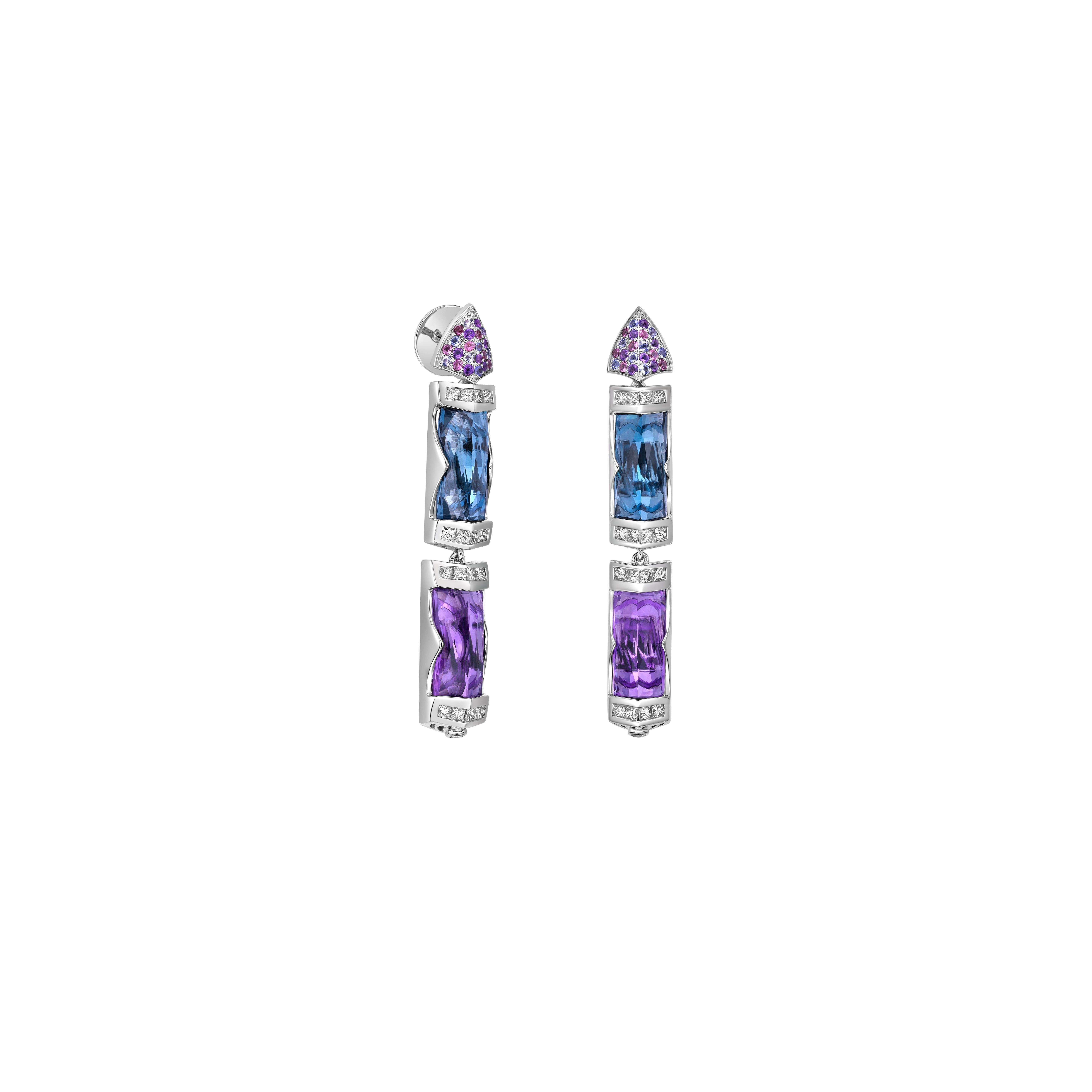 Presented A lovely Drop Earrings of amethyst and London blue topaz is perfect for people who want to wear it to any occasion or celebration. Pink tourmaline and tanzanite embellishments on Top add to the earring's artistic and beautiful design.
