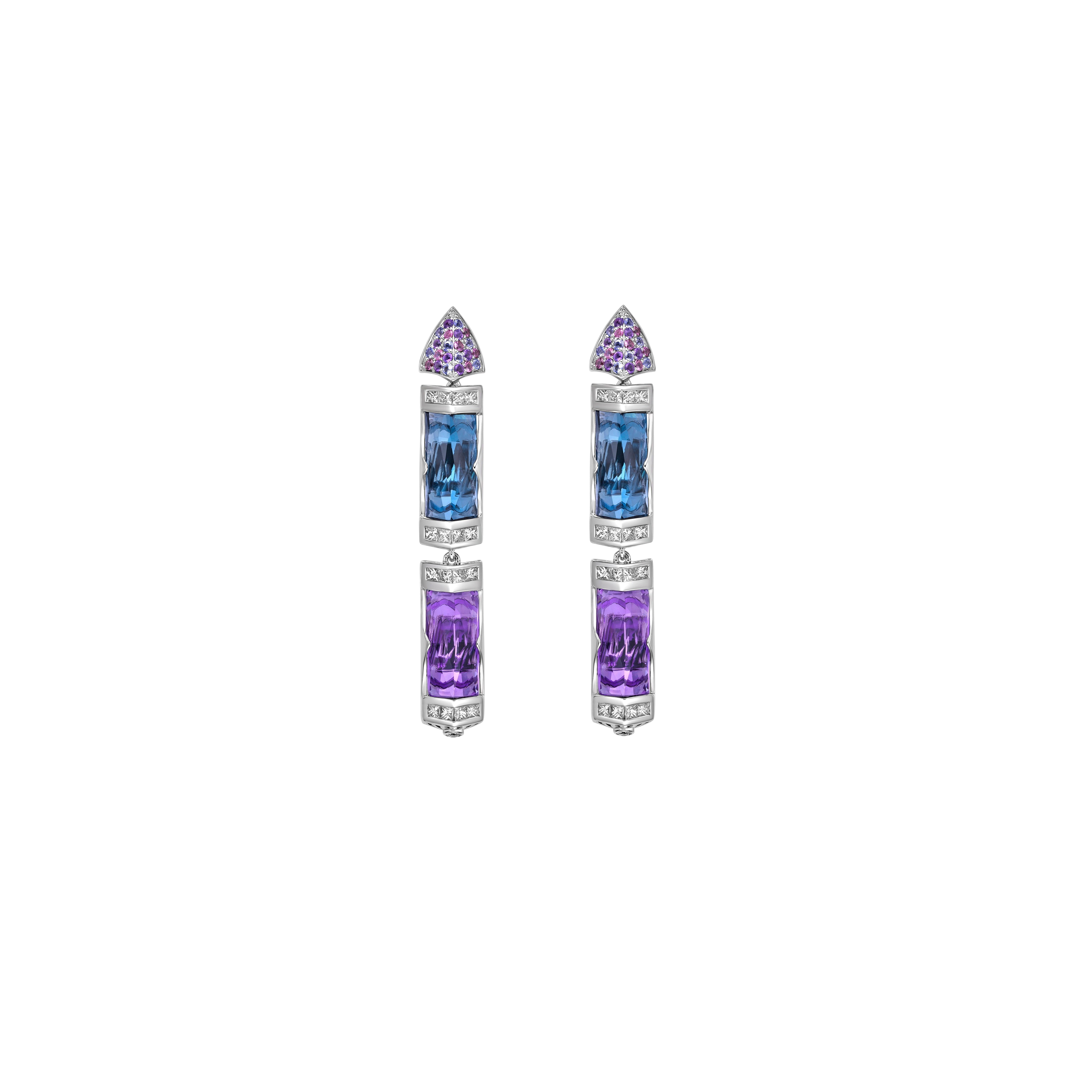 Contemporary 24.97 Carat London Blue Topaz, Amethyst Drop Earring in 18KWG with Multi Stone. For Sale