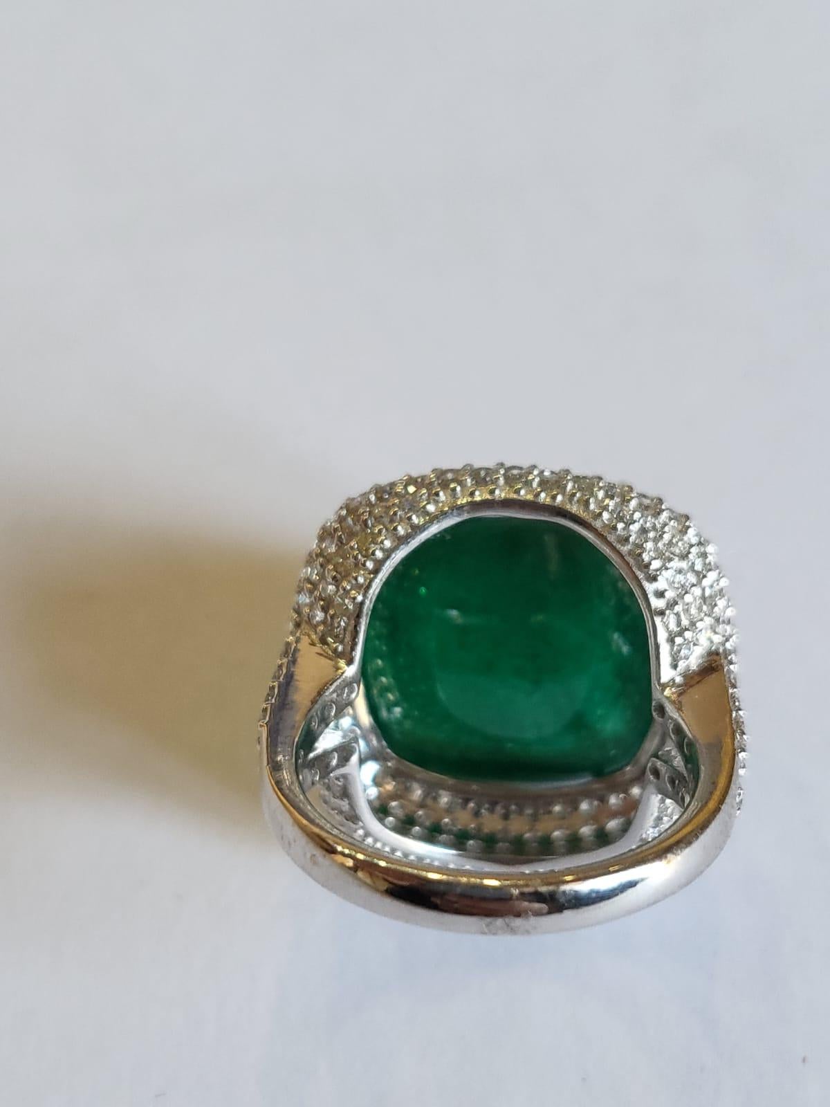 Art Deco 24.99 Carats, Natural Zambian Emerald Sugarloaf & Diamonds Engagement Ring