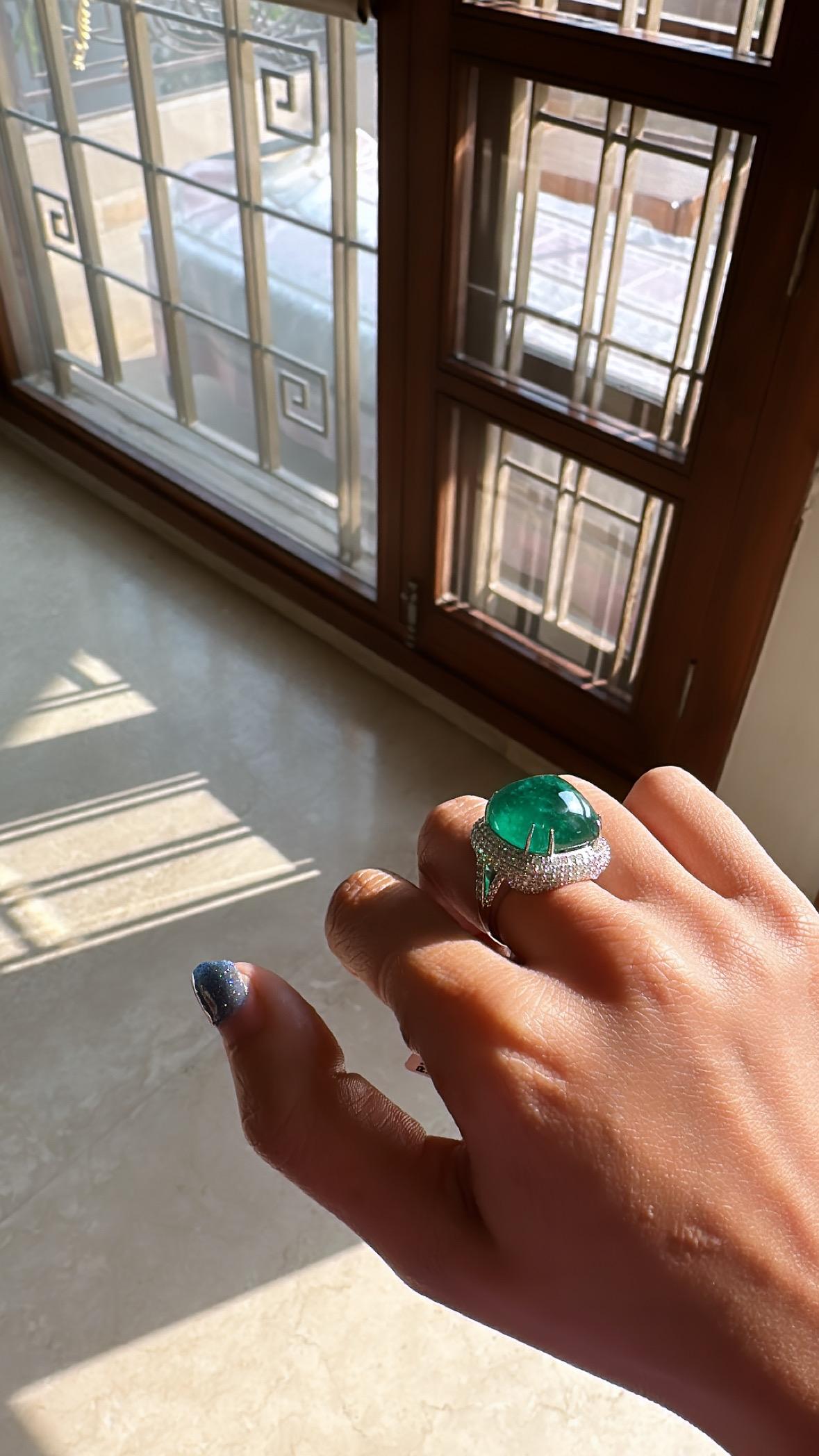 24.99 Carats, Natural Zambian Emerald Sugarloaf & Diamonds Engagement Ring 1