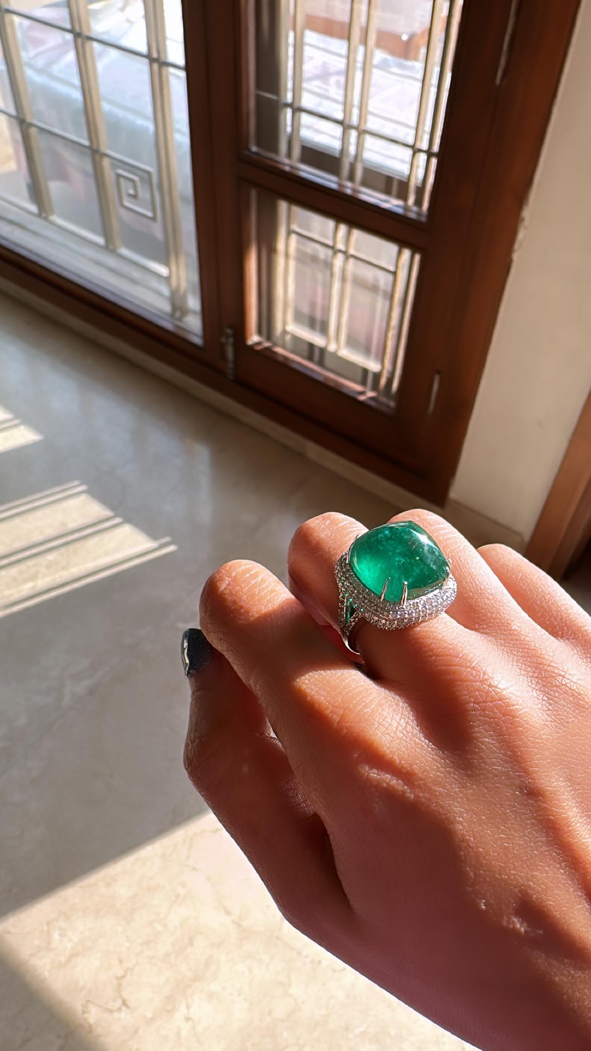 24.99 Carats, Natural Zambian Emerald Sugarloaf & Diamonds Engagement Ring 2