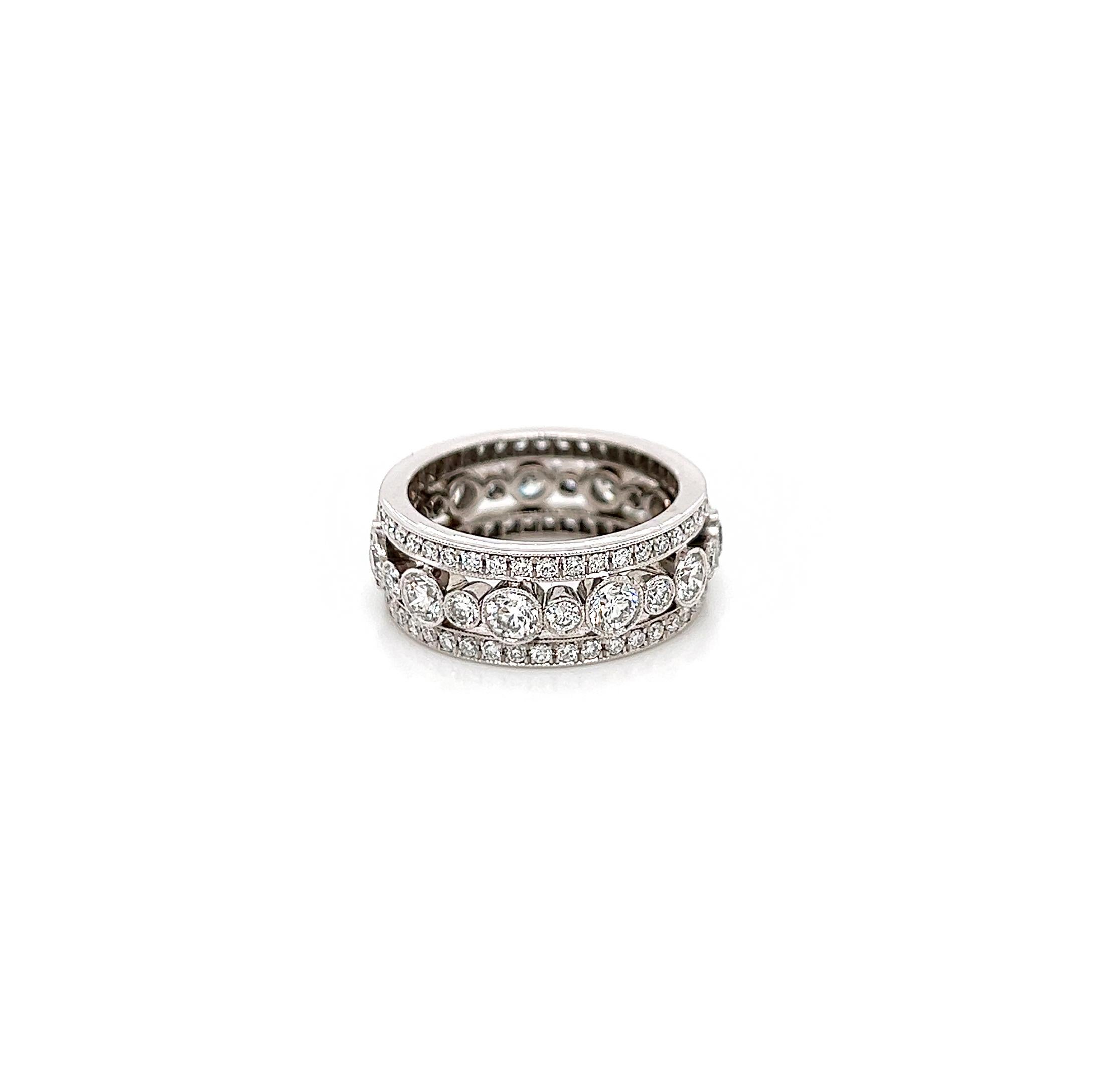 2.49 Total Carat Ladies Prong & Bezel-Set Diamond Band with Antique Milgrain 

-Metal Type: Platinum
-2.49 Carat Round Natural Diamonds
-E-FColor
-VS Clarity
-Size 6.5

Made in New York City.