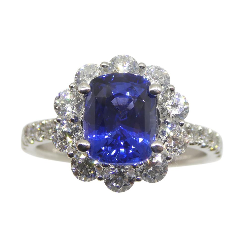 Cushion Cut 2.49ct Blue Sapphire, Diamond Engagement/Statement Ring in 18K White Gold For Sale