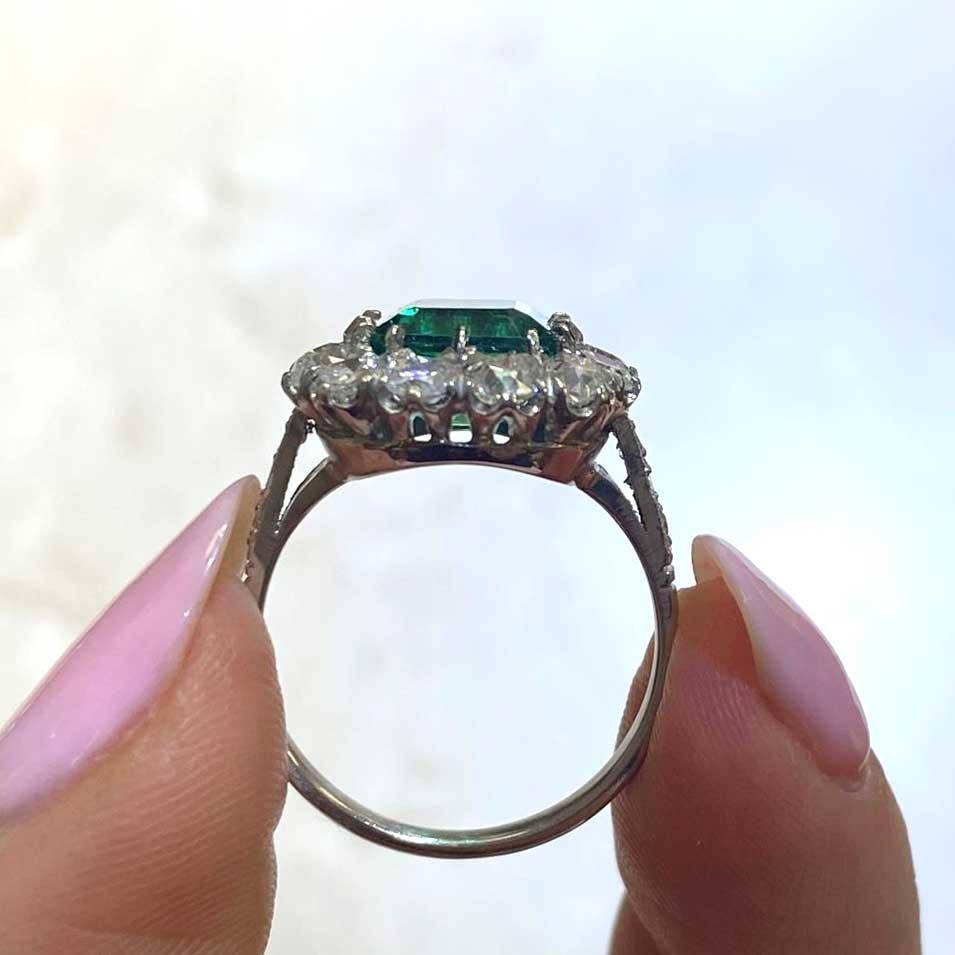 2.49ct Emerald Cut Emerald Engagement Ring, I Color, Diamond Halo, Platinum For Sale 6