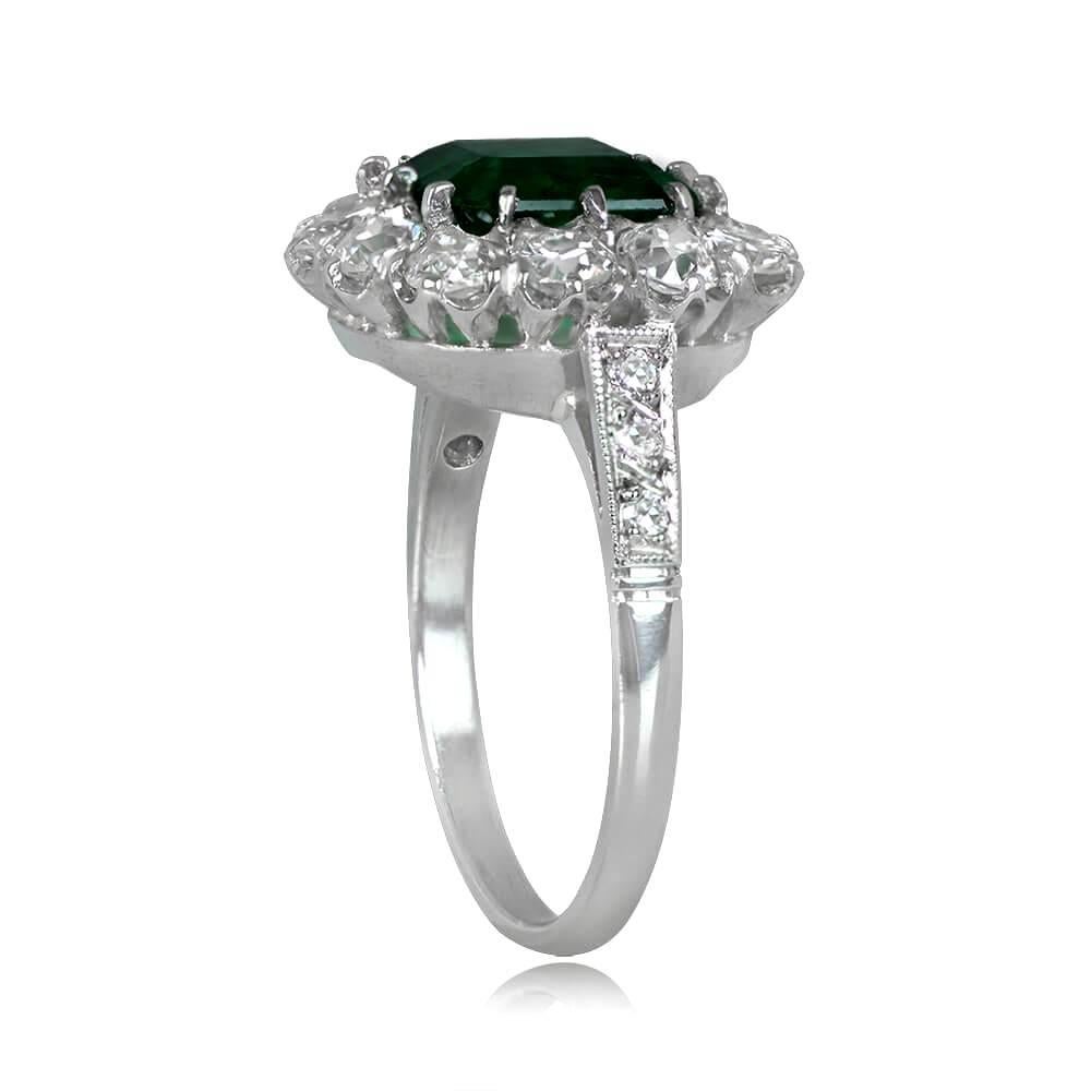 Art Deco 2.49ct Emerald Cut Emerald Engagement Ring, I Color, Diamond Halo, Platinum For Sale