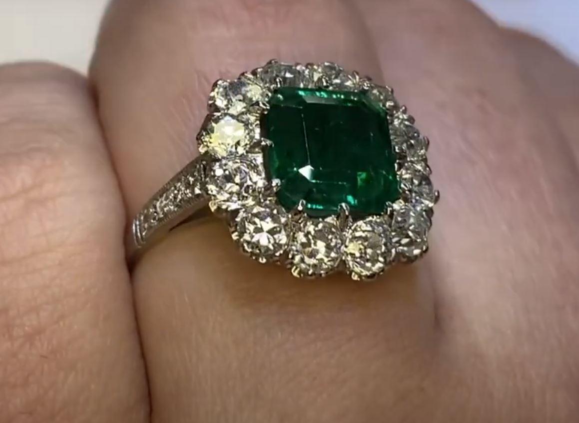 Women's 2.49ct Emerald Cut Emerald Engagement Ring, I Color, Diamond Halo, Platinum For Sale