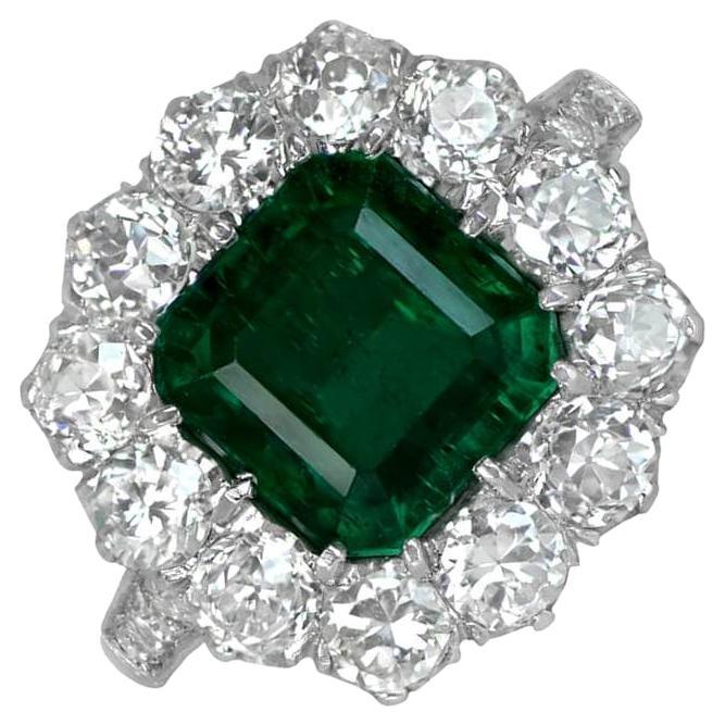 2.49ct Emerald Cut Emerald Engagement Ring, I Color, Diamond Halo, Platinum For Sale