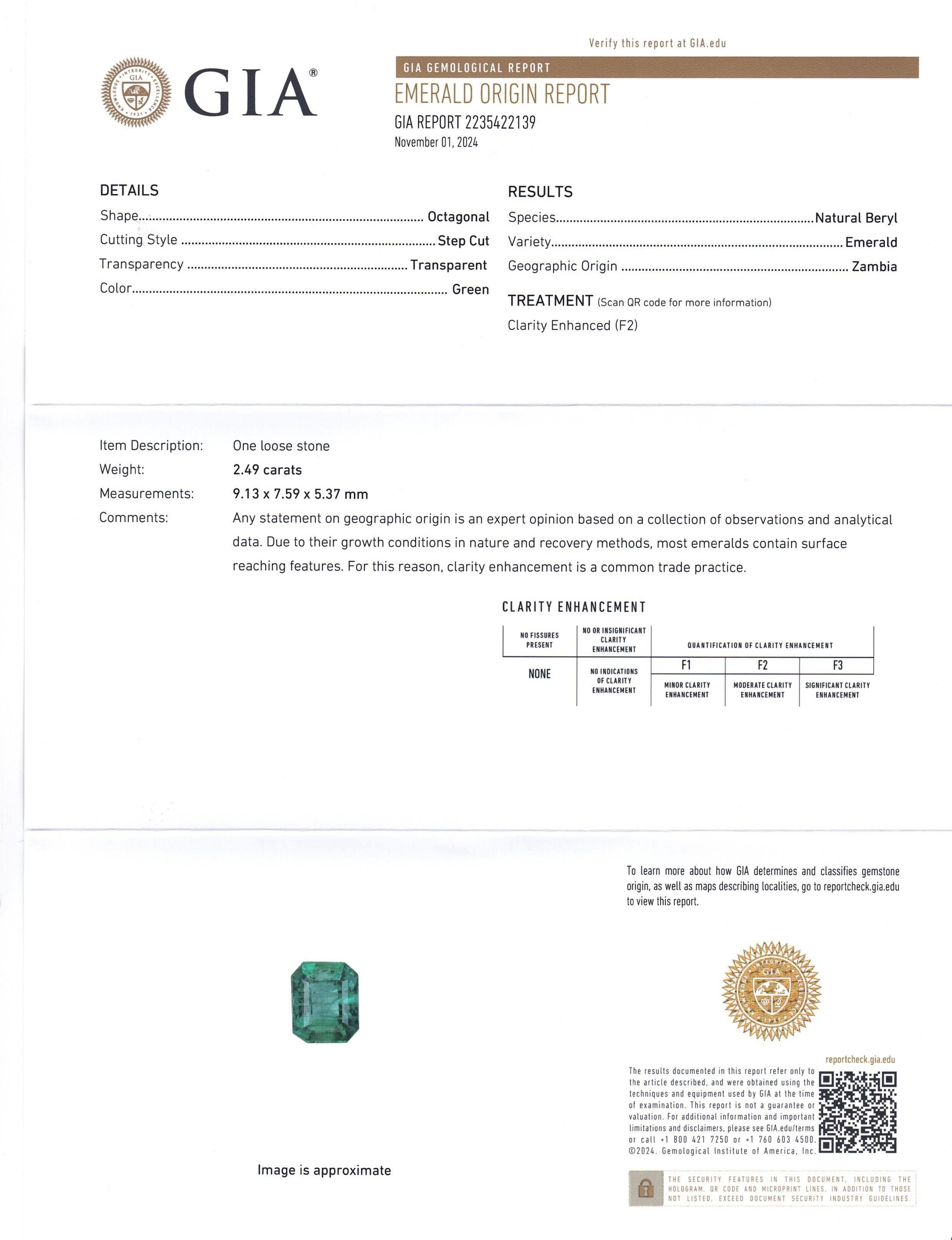 Square Cut 2.49ct Green Emerald, Diamond Ring set in 18k Yellow Gold, GIA Certified Zambian For Sale