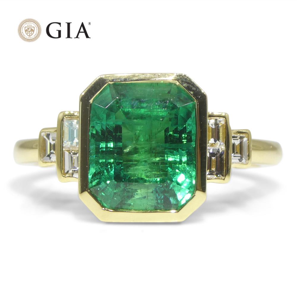 2.49ct Green Emerald, Diamond Ring set in 18k Yellow Gold, GIA Certified Zambian For Sale 2