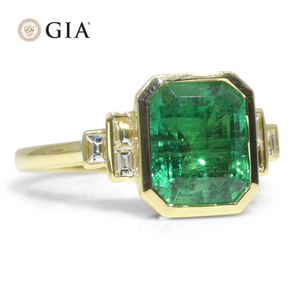2.49ct Green Emerald, Diamond Ring set in 18k Yellow Gold, GIA Certified Zambian For Sale 3