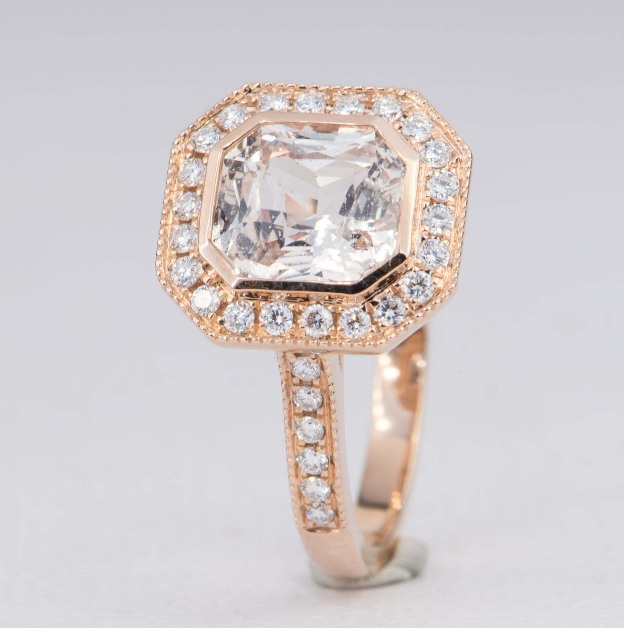 Radiant Cut 2.49 Carat Light Peach Sapphire Diamond Halo 14 Karat Rose Gold Ring AD1935