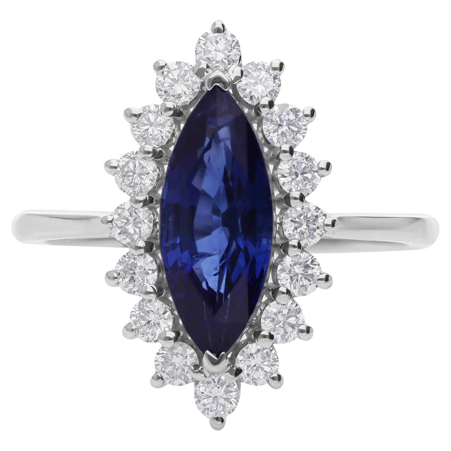 Im Angebot: 2,49ct Marquise Blauer Saphir 0,56ct Diamant Halo Verlobungsring 18k Weißgold ()