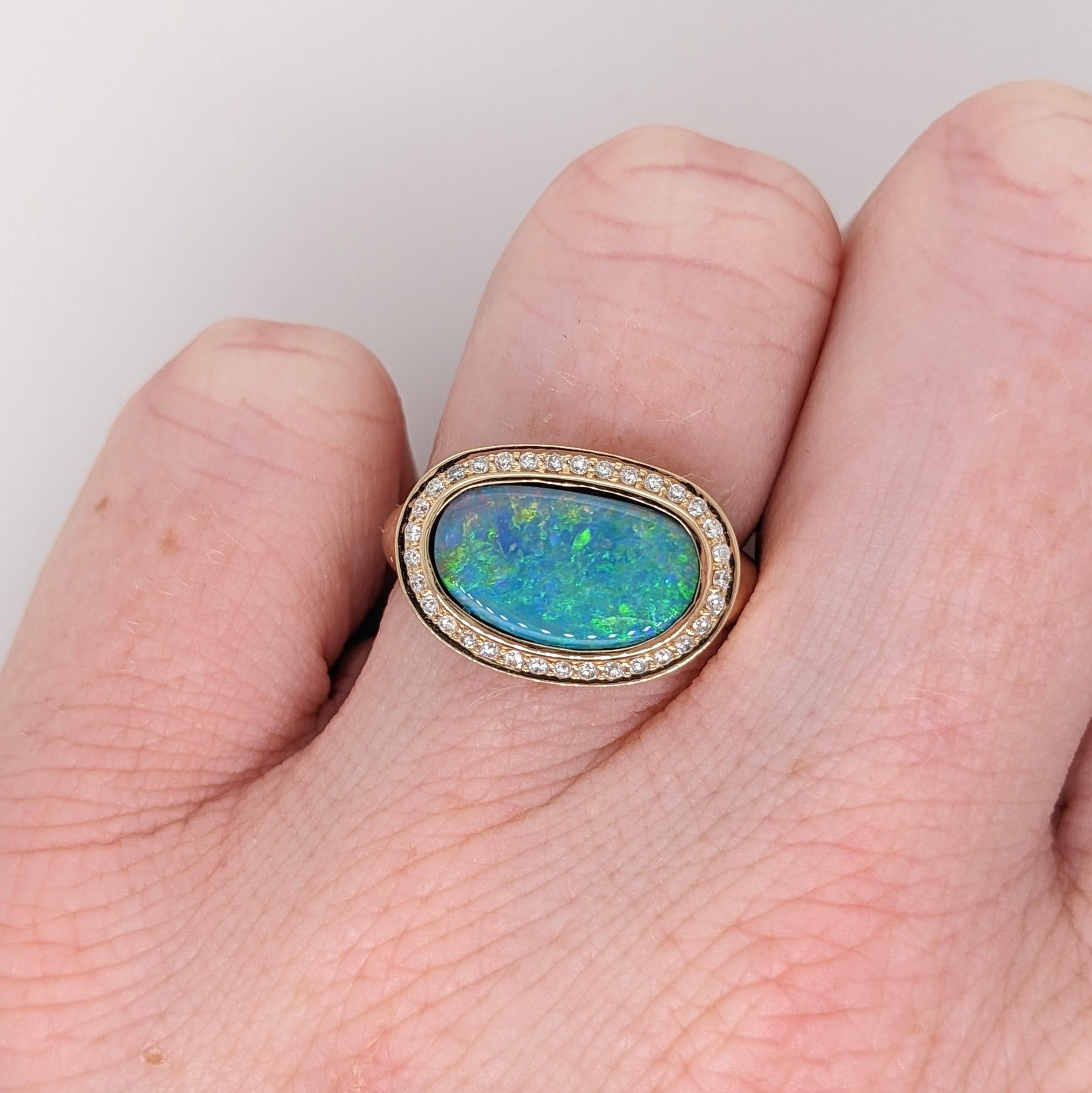 2.49ct Opal Ring Bezel Set w Diamond Halo in Solid 14k Yellow Gold Oval 13x7.8 In New Condition In Columbus, OH