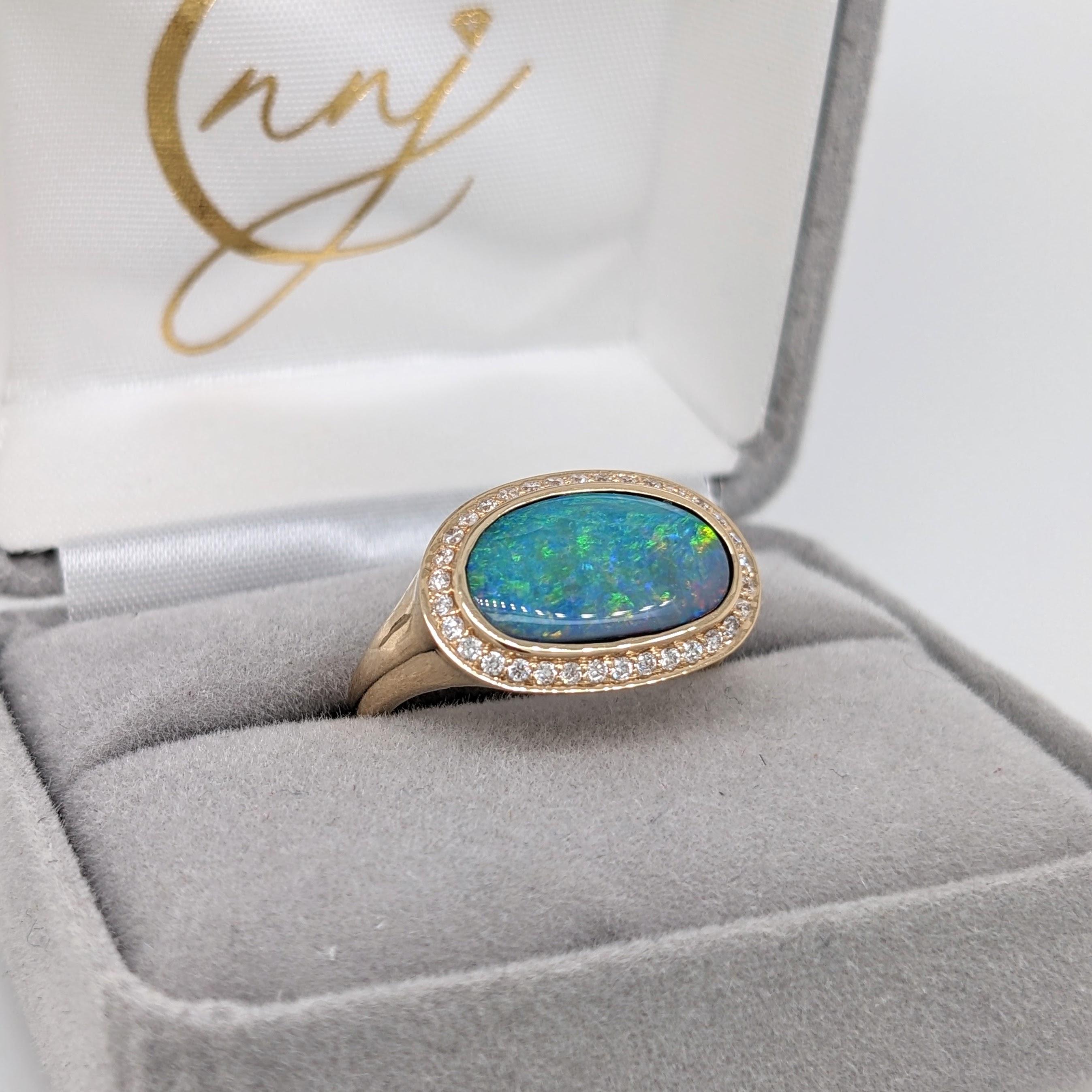 2.49ct Opal Ring Bezel Set w Diamond Halo in Solid 14k Yellow Gold Oval 13x7.8 1