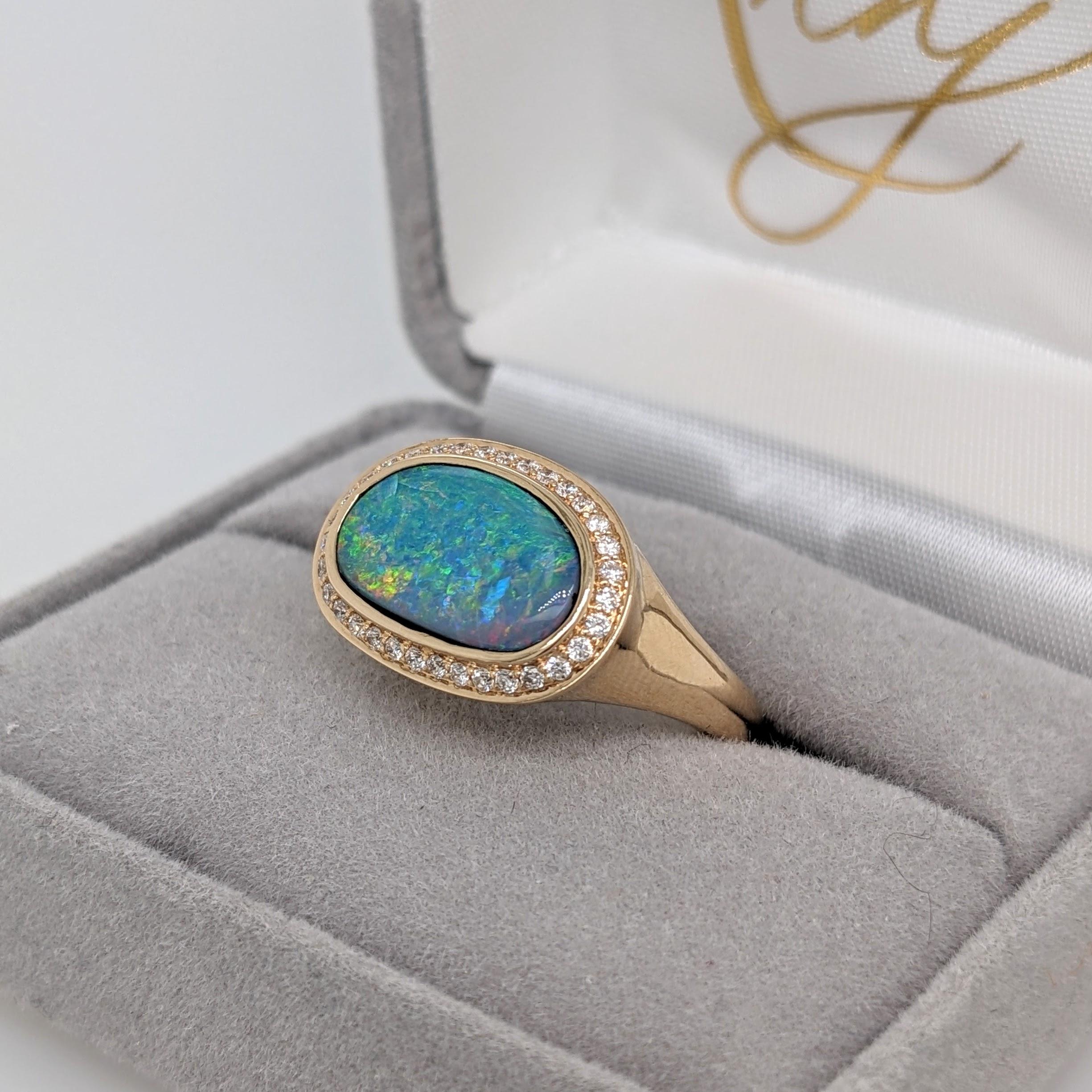 2.49ct Opal Ring Bezel Set w Diamond Halo in Solid 14k Yellow Gold Oval 13x7.8 2
