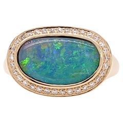 2.49ct Opal Ring Bezel Set w Diamond Halo in Solid 14k Yellow Gold Oval 13x7.8