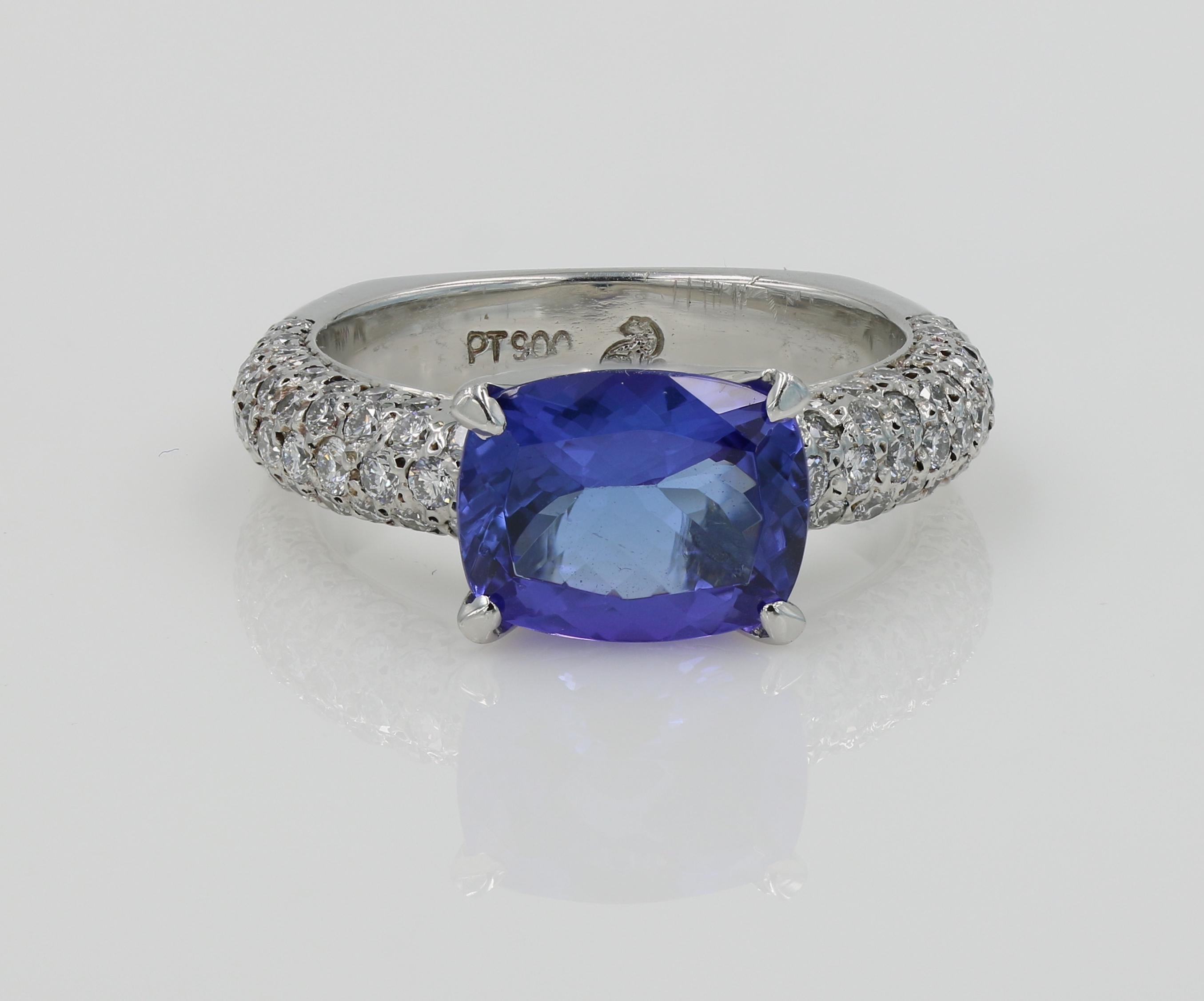 2.49cts Cushion Cut Tanzanite and Natural Diamond Ring in Platinum In New Condition For Sale In Chicago, IL