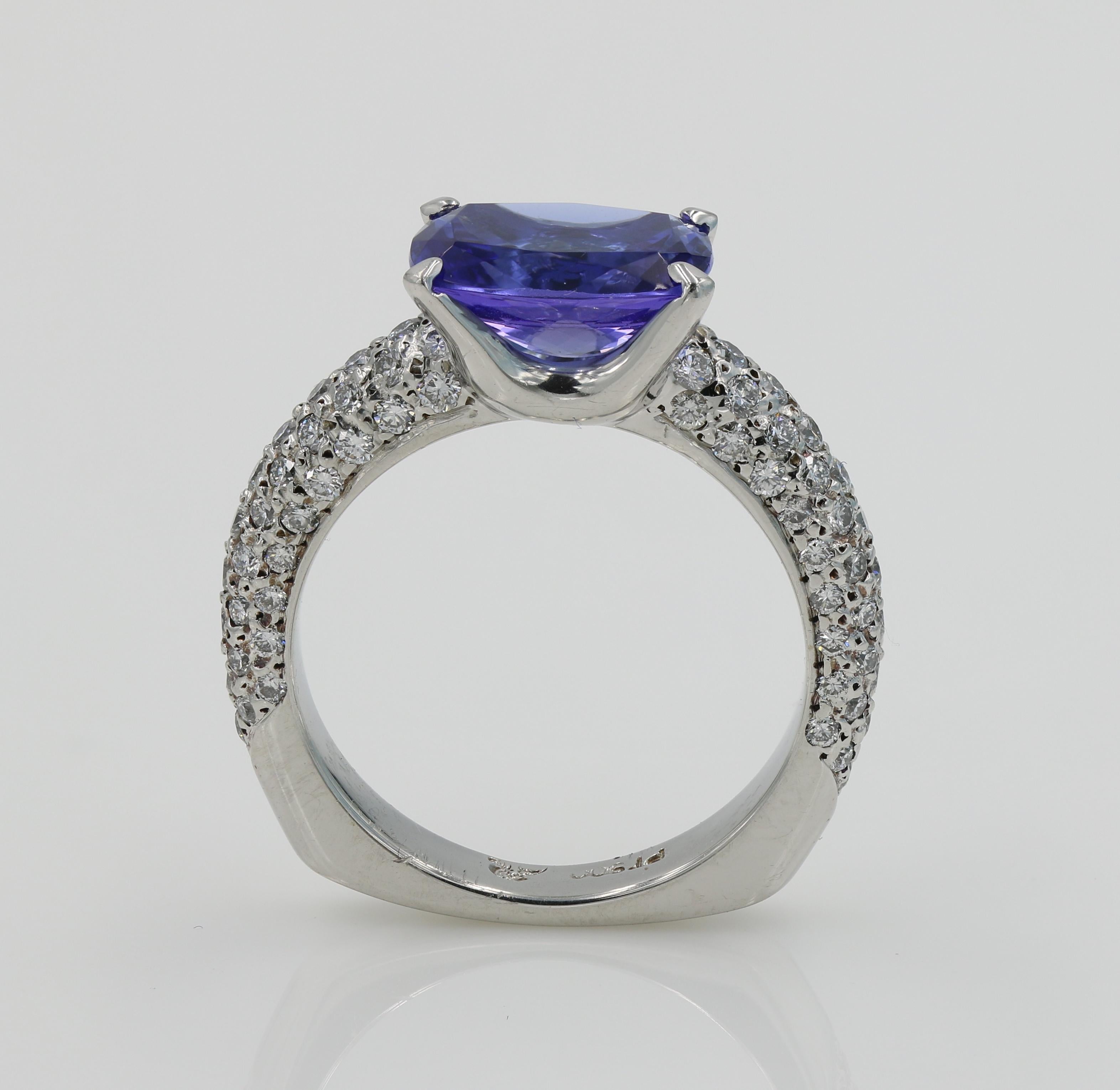 2.49cts Cushion Cut Tanzanite and Natural Diamond Ring in Platinum For Sale 1