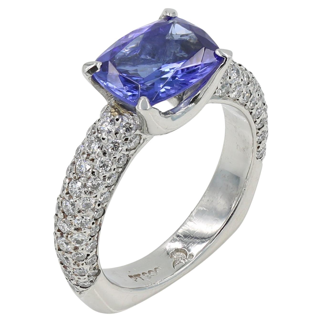 2.49cts Cushion Cut Tanzanite and Natural Diamond Ring in Platinum For Sale
