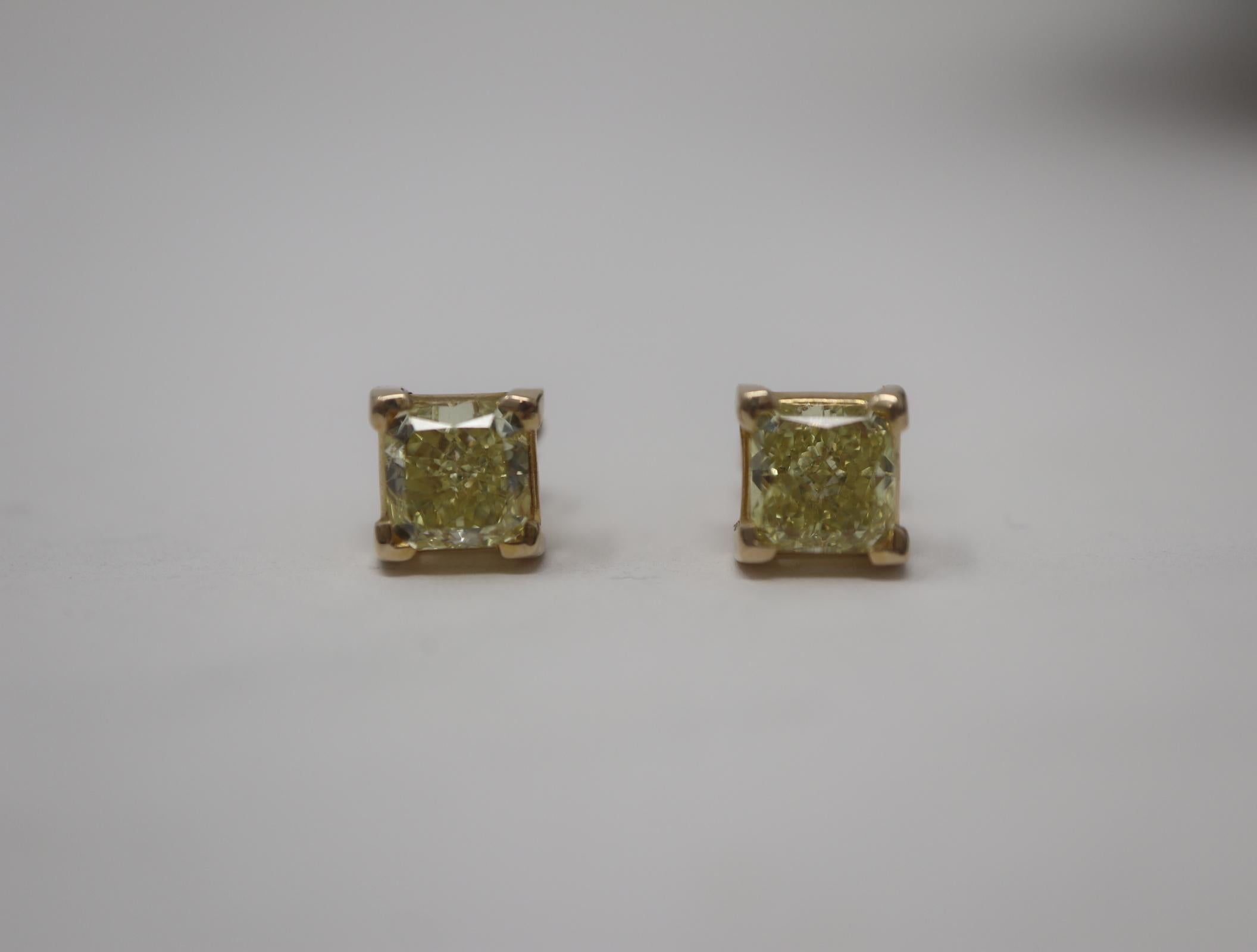 2.49CTW Fancy Intense Yellow Princess Cut Stud Earrings 14KY SI1 GIA In New Condition For Sale In Carmel-by-the-Sea, CA