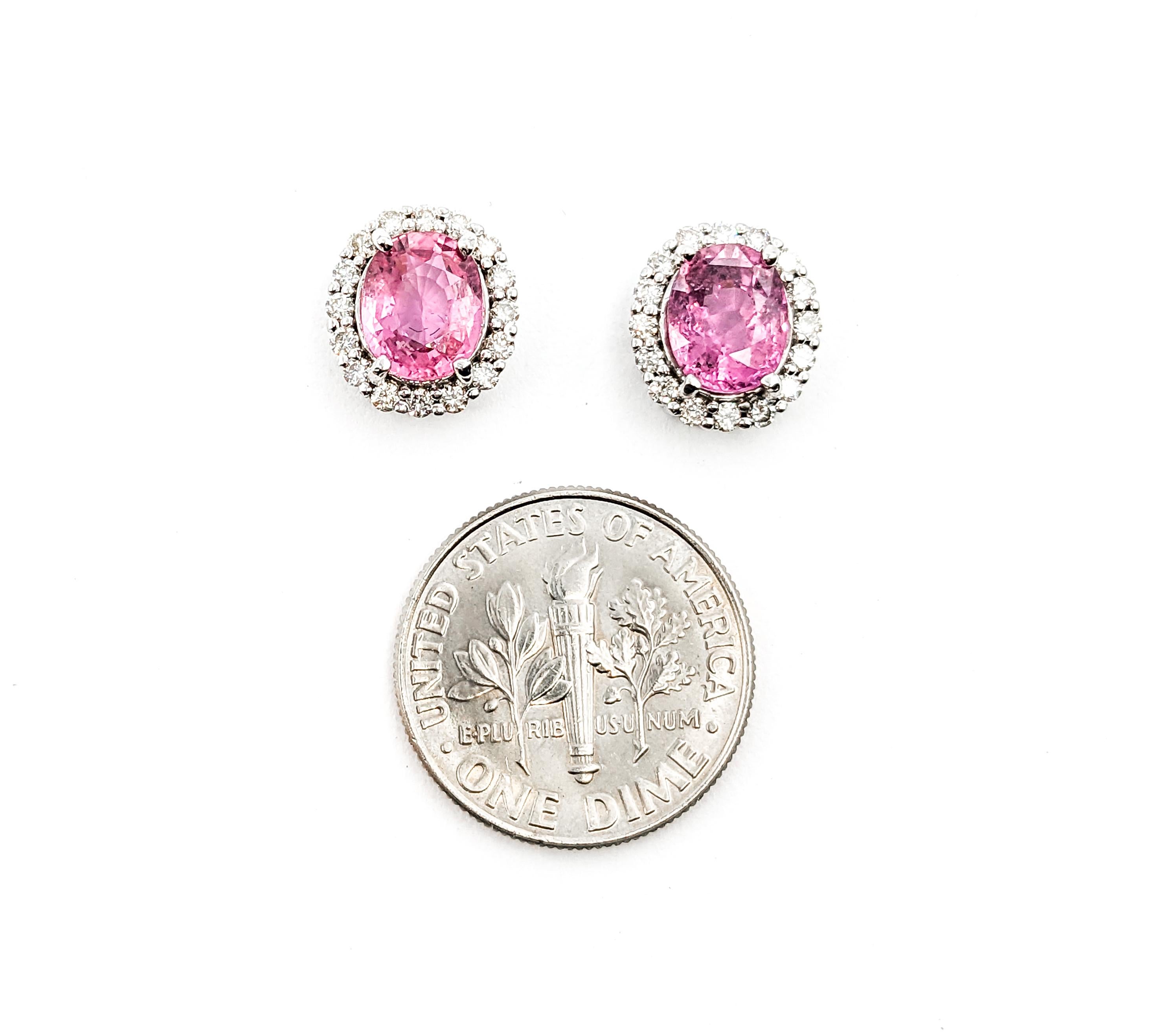 Contemporary 2.49ctw Pink Sapphires & Diamonds Stud Earring In White Gold For Sale