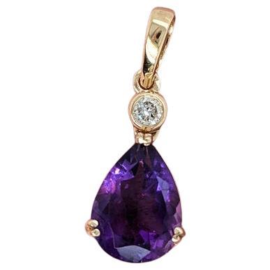 2.4ct Amethyst Pendant w a Natural Diamond in Solid 14k Yellow Gold Pear 11x8mm For Sale