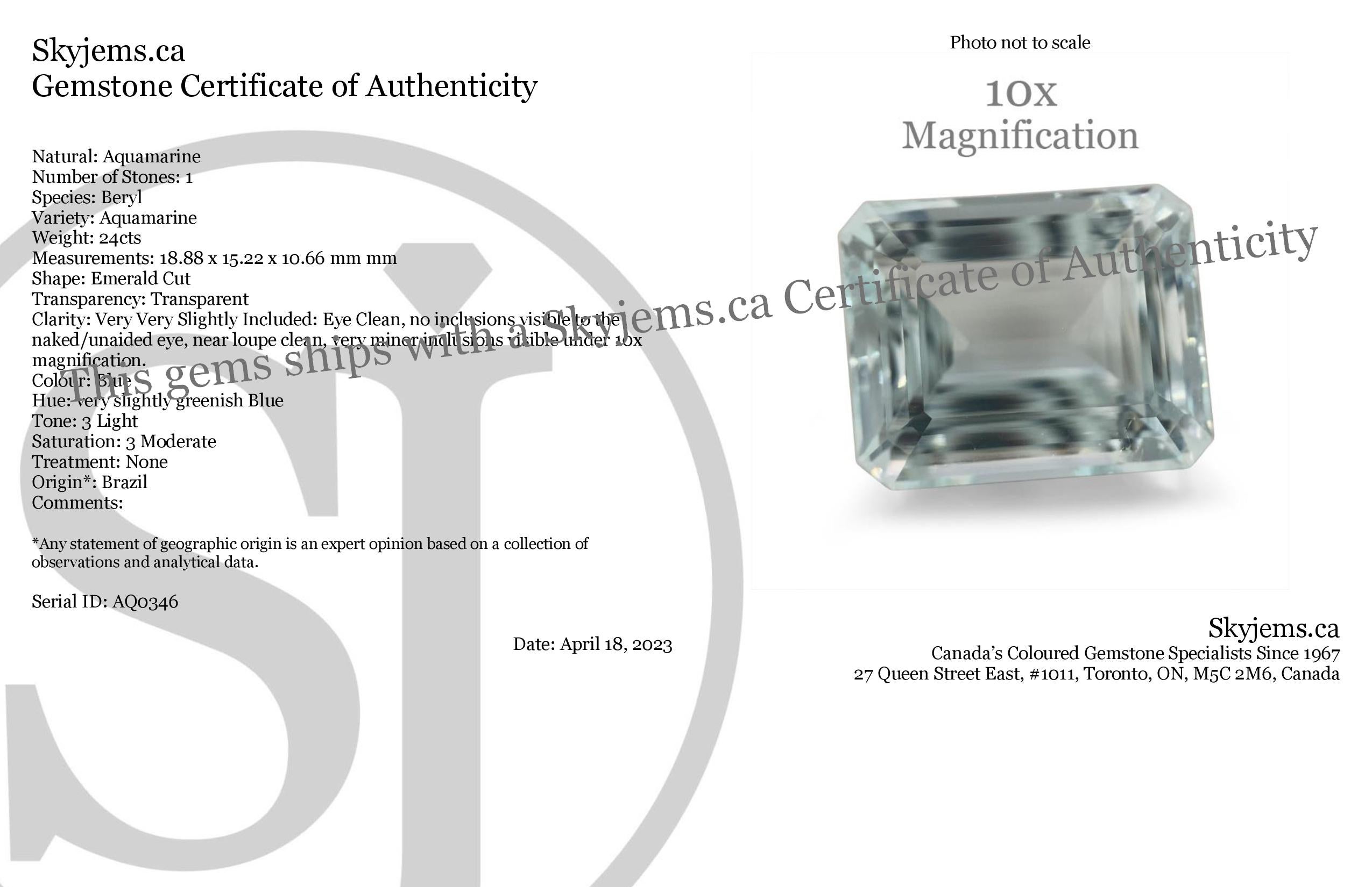 Description:

Gem Type: Aquamarine
Number of Stones: 1
Weight: 24 cts
Measurements: 18.88 x 15.22 x 10.66 mm
Shape: Emerald Cut
Cutting Style Crown: Step Cut
Cutting Style Pavilion: Step Cut
Transparency: Transparent
Clarity: Very Very Slightly