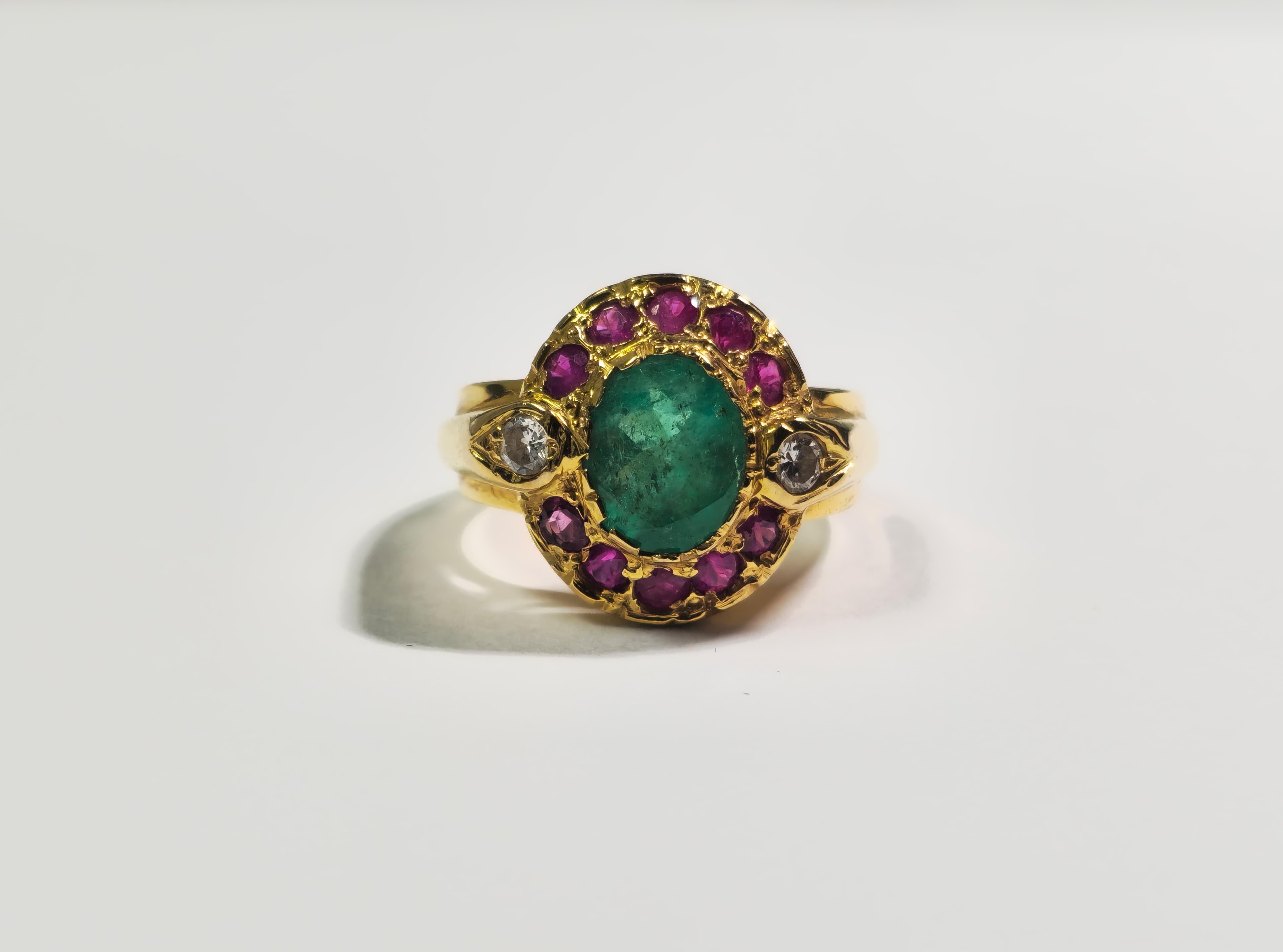 Weighing 10.2 grams and crafted from 18k gold, this ring showcases a stunning 2.4ct emerald, 0.90cwt ruby, and 0.15cwt diamond with SI1 clarity and G color. Sized for US 6.50, it offers exceptional elegance. Enjoy our ring resizing service for a