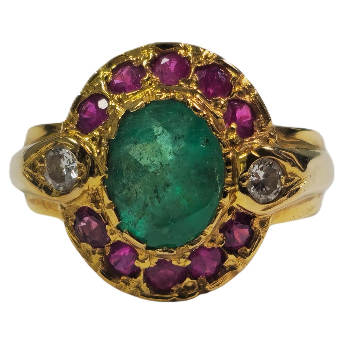 2.4ct Emerald,  Ruby and Diamond Ring in 18k Gold For Sale