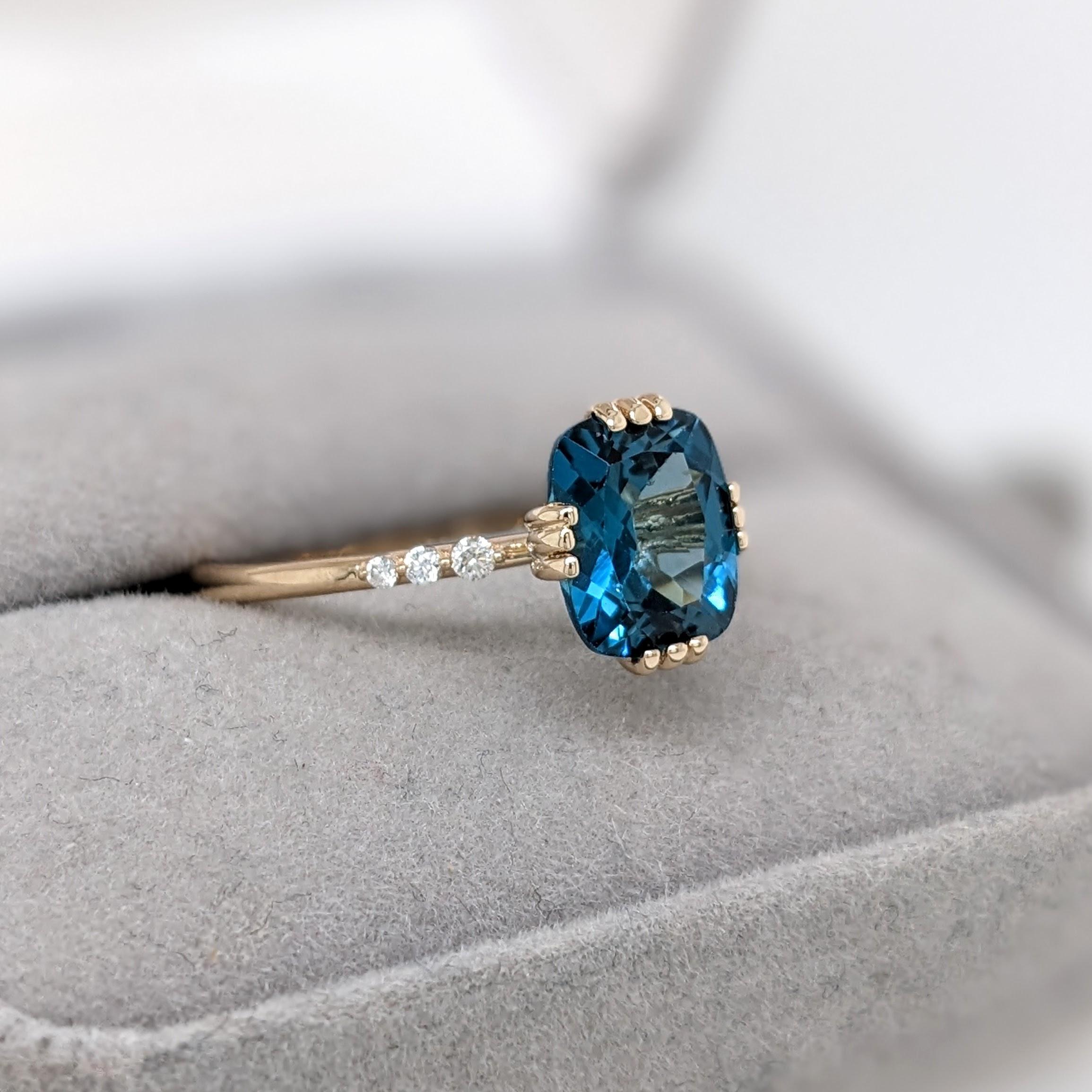2.4ct London Blue Topaz Ring w Natural Diamonds in Solid 14K Gold Cushion 9x7mm For Sale 4