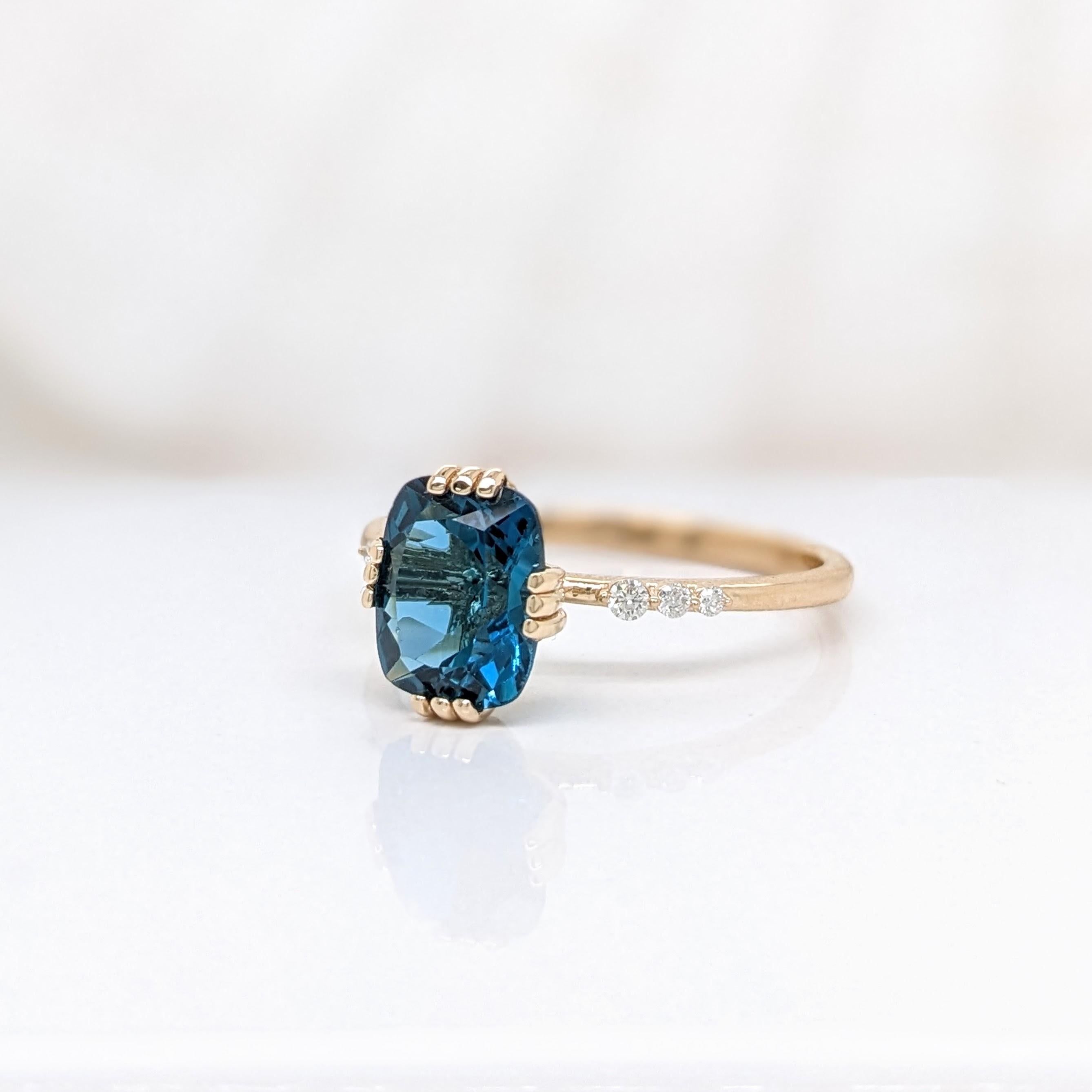 Modern 2.4ct London Blue Topaz Ring w Natural Diamonds in Solid 14K Gold Cushion 9x7mm For Sale