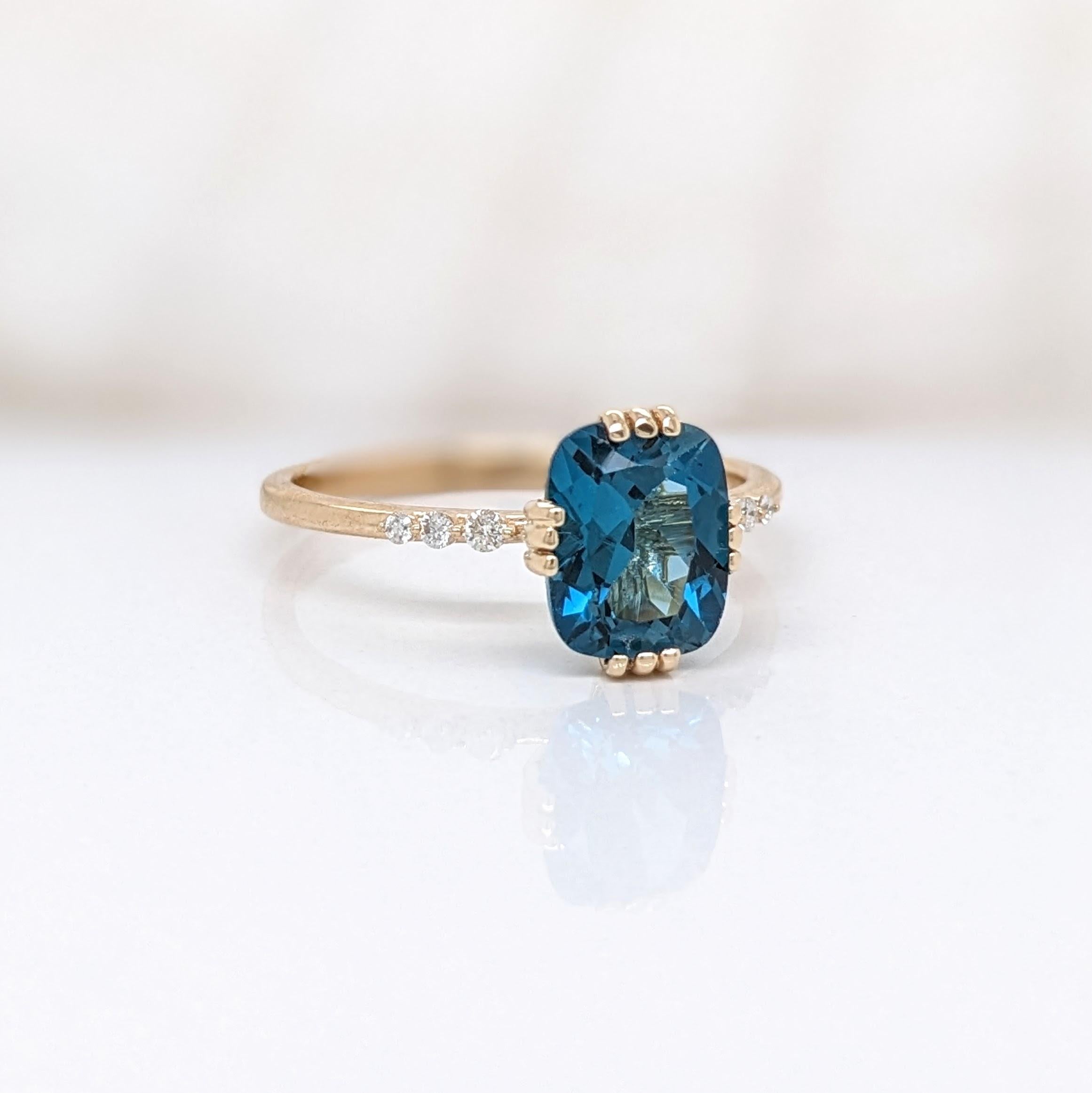 2.4ct London Blue Topaz Ring w Natural Diamonds in Solid 14K Gold Cushion 9x7mm In New Condition For Sale In Columbus, OH